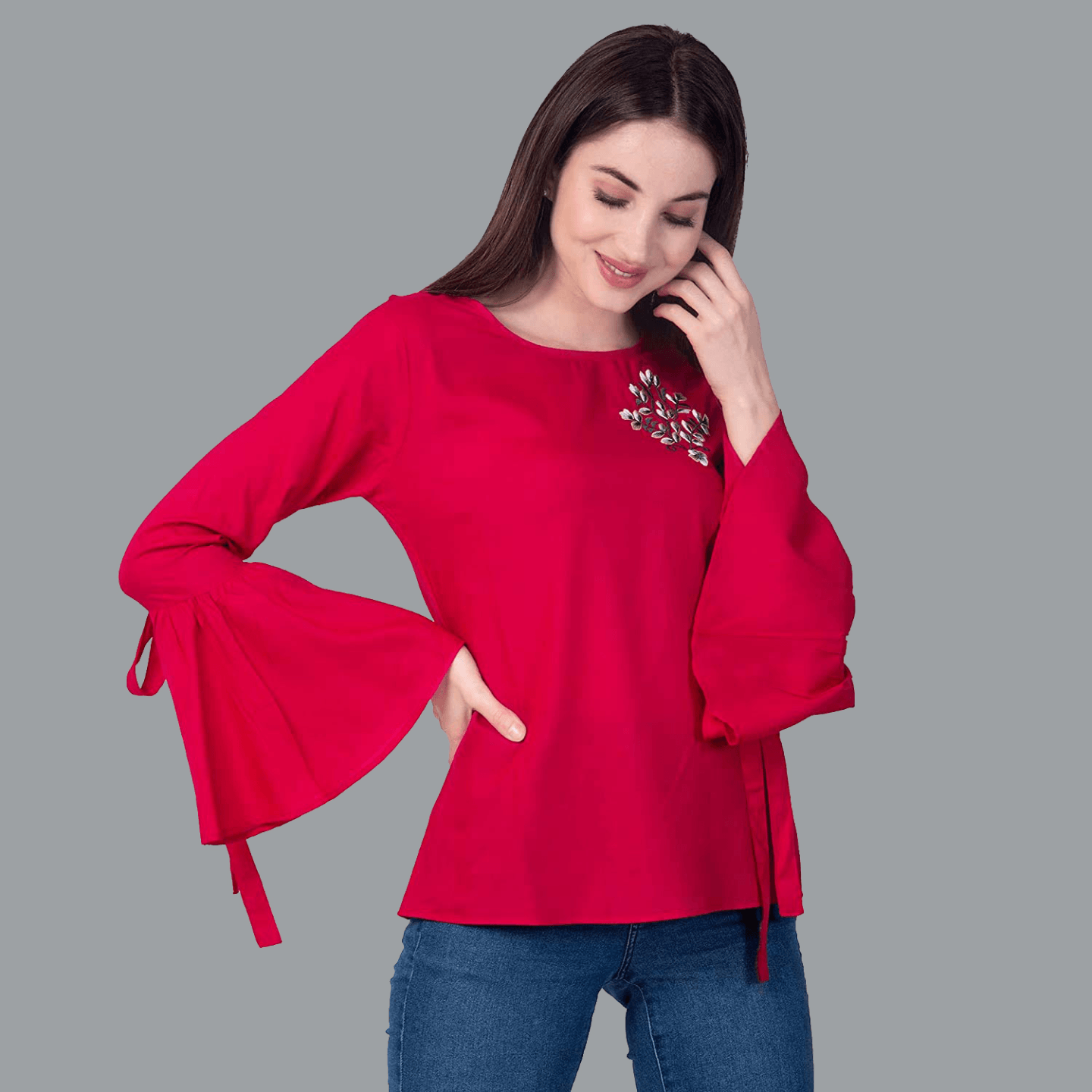 Paretto Floral Detailed Embroidered Red Top  Limited Edition