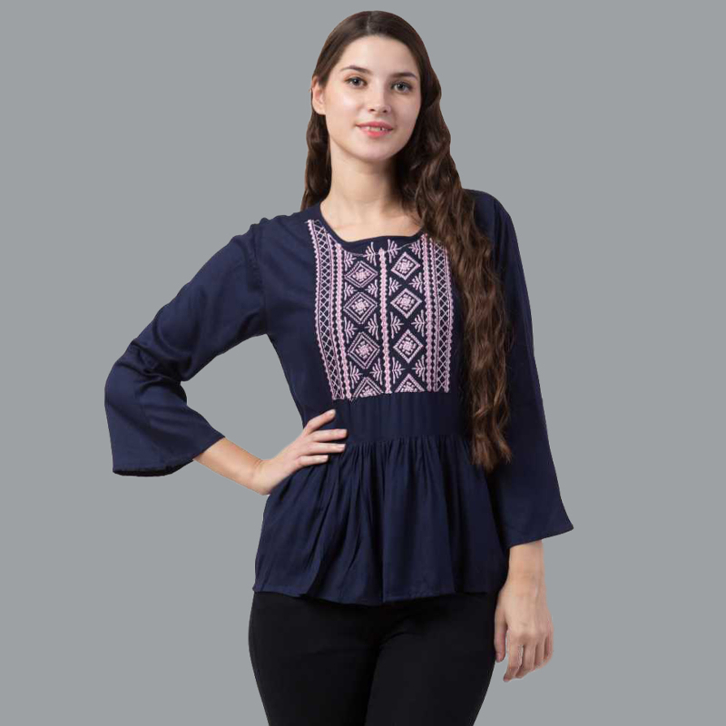 Paretto Pink Color Detailed Embroidered Navy Blue Top  Limited Edition