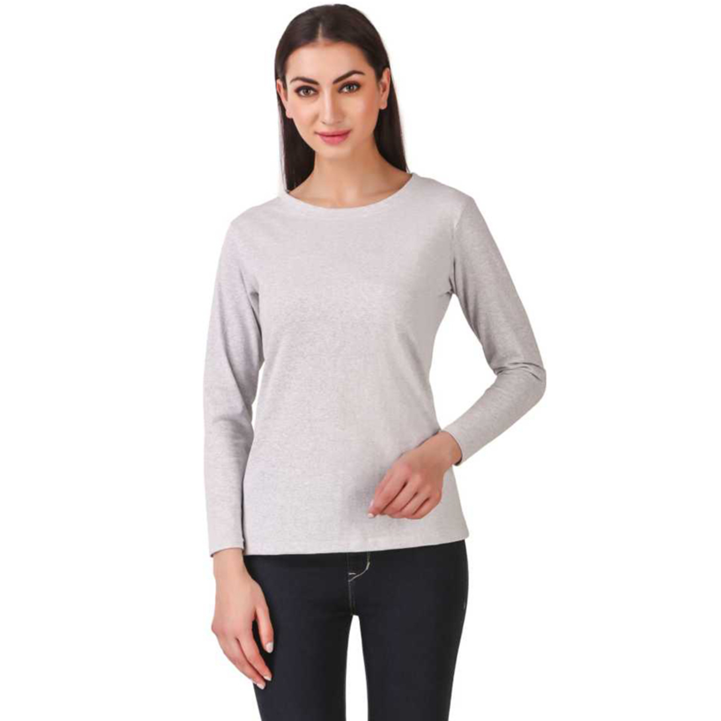 Paretto Light Grey Full Sleeves Cotton T-shirt for Women