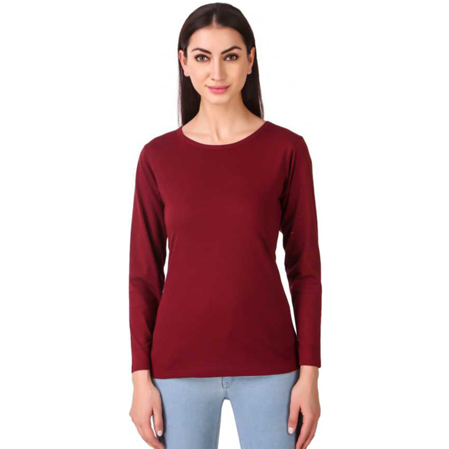 Paretto Maroon Full Sleeves Cotton T-shirt for Women
