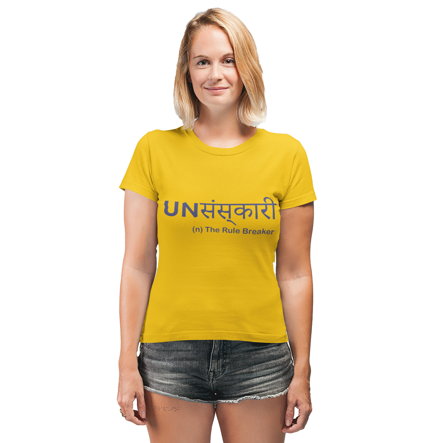 Unsanskari Printed Mustard Yellow Tshirt for Women