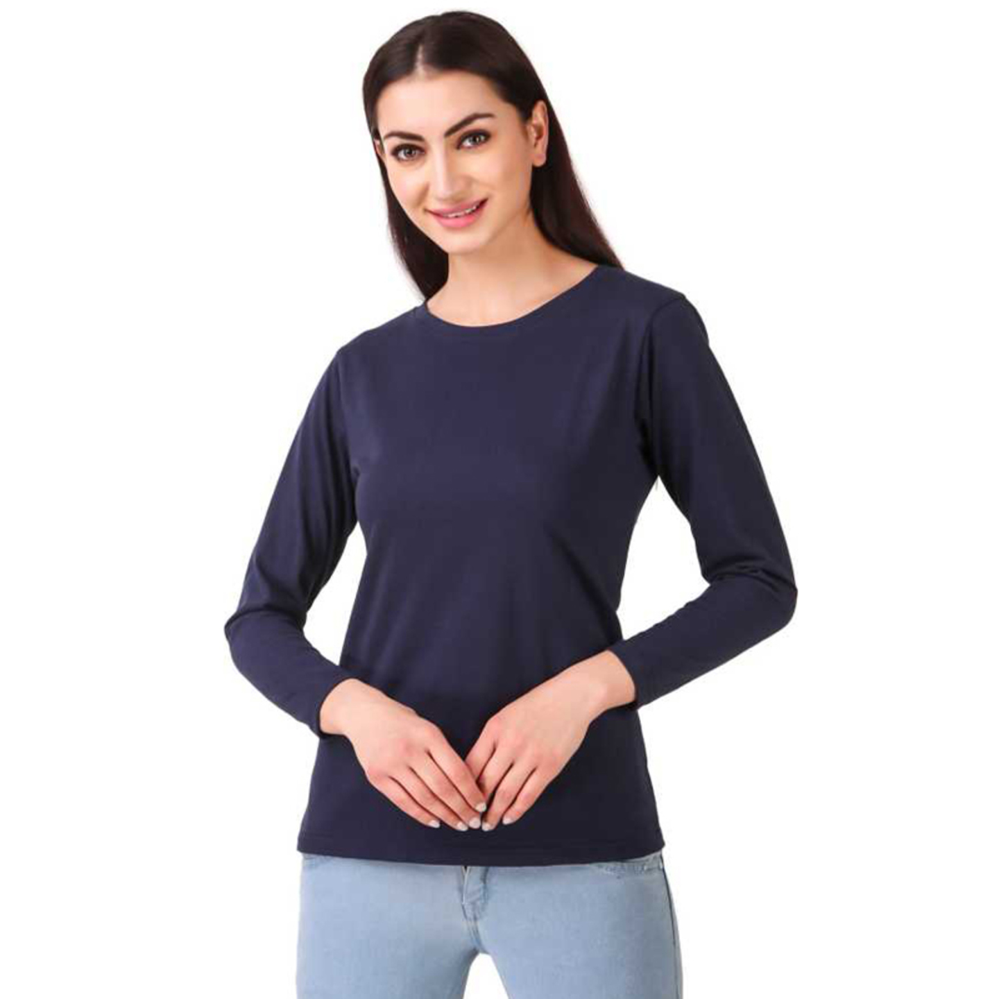 Paretto Navy Blue Full Sleeves Cotton T-shirt for Women