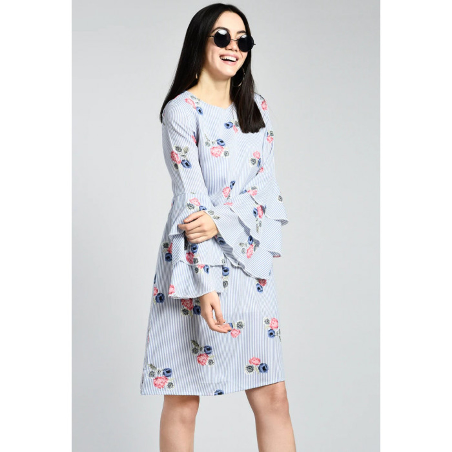 Paretto Blue Striped Layered Bell Sleeved Floral Shift Dress for Women