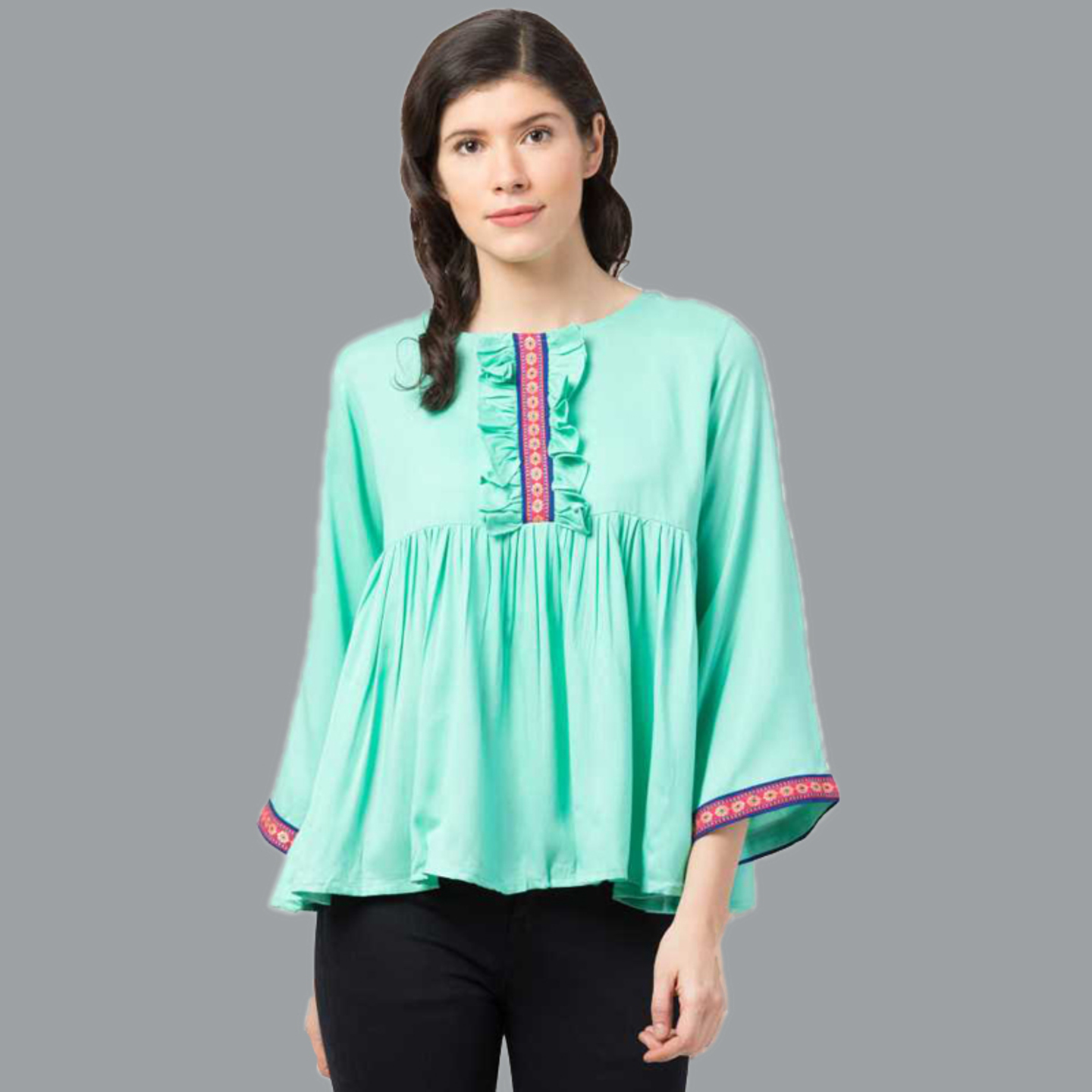 Paretto Patch and Ruffle Detailed Mint Green Top  Limited Edition