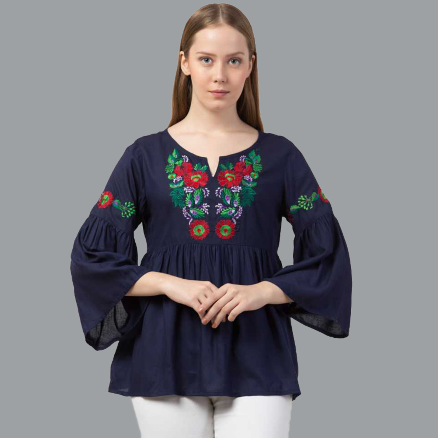Paretto Detailed Embroidered Navy Blue Top  Limited Edition