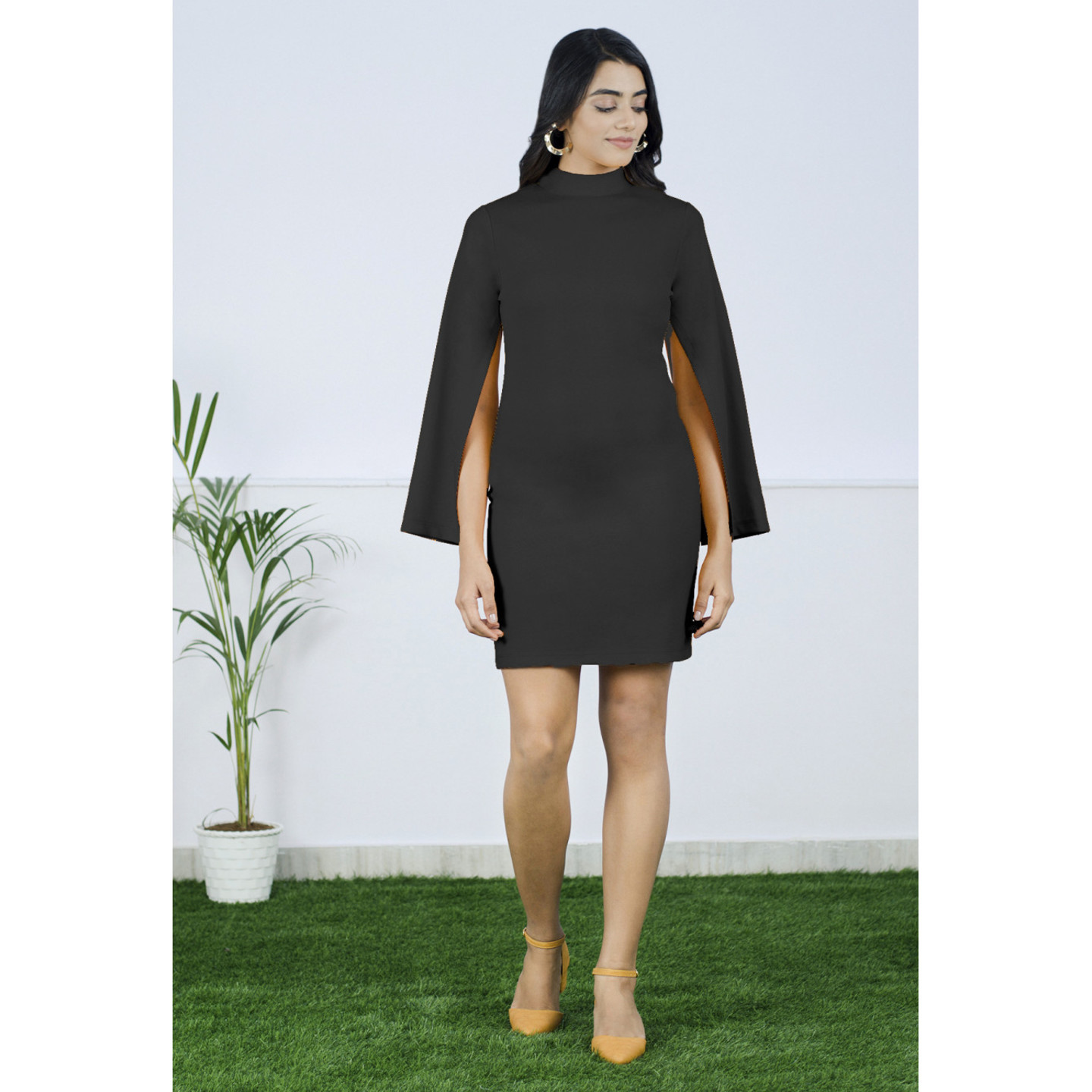 Paretto Womens Black Cape Sleeve Bodycon Dress