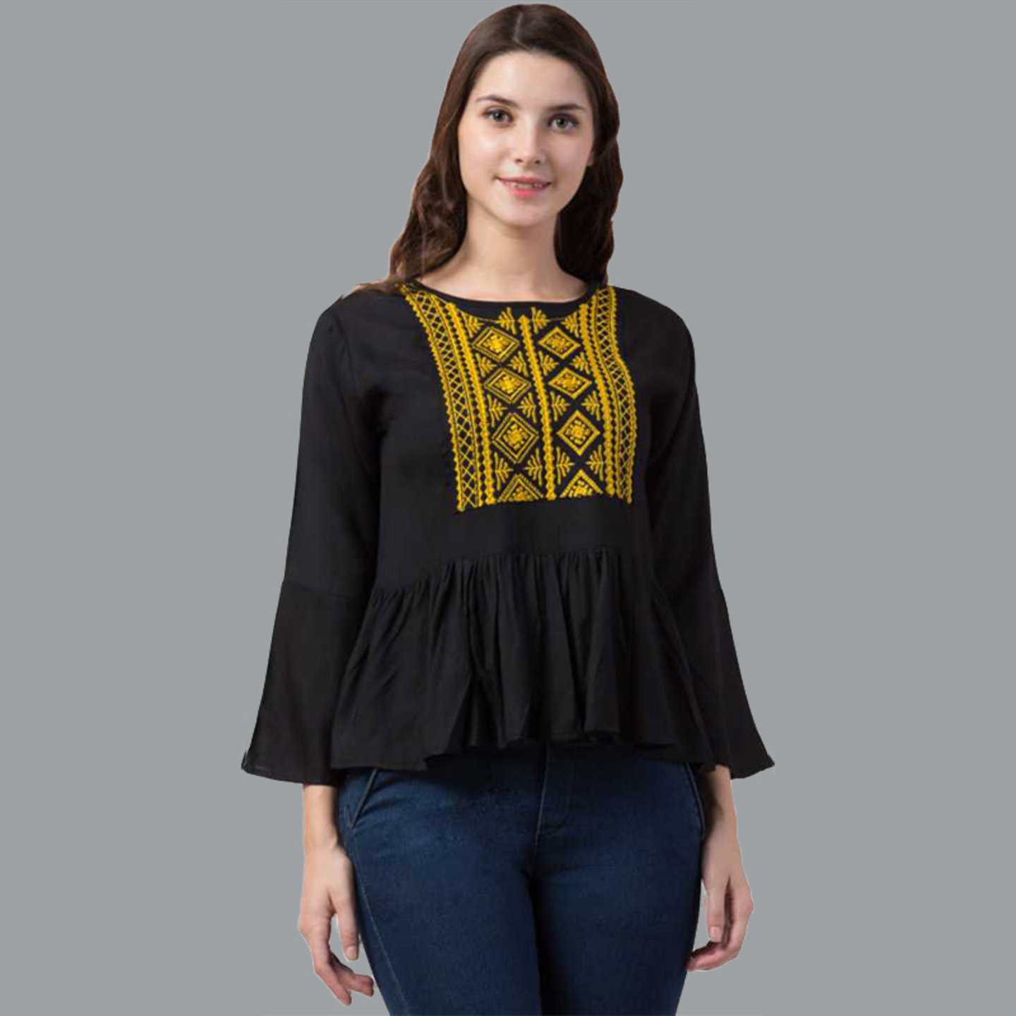 Paretto Yellow Color Detailed Embroidered Black Top  Limited Edition