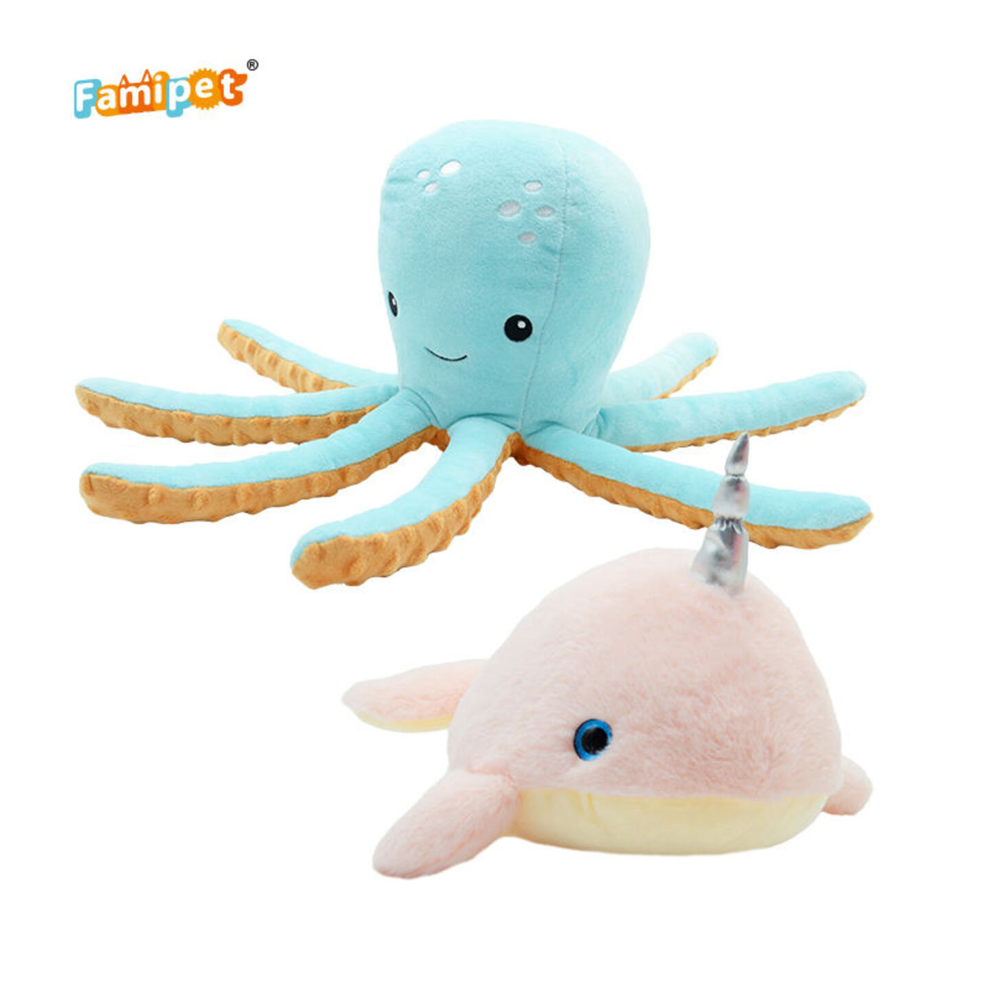 12-Inch Long Blue Octopus and Pink Cute Little Shark Plush Toy – Adorable Sea Creature Duo