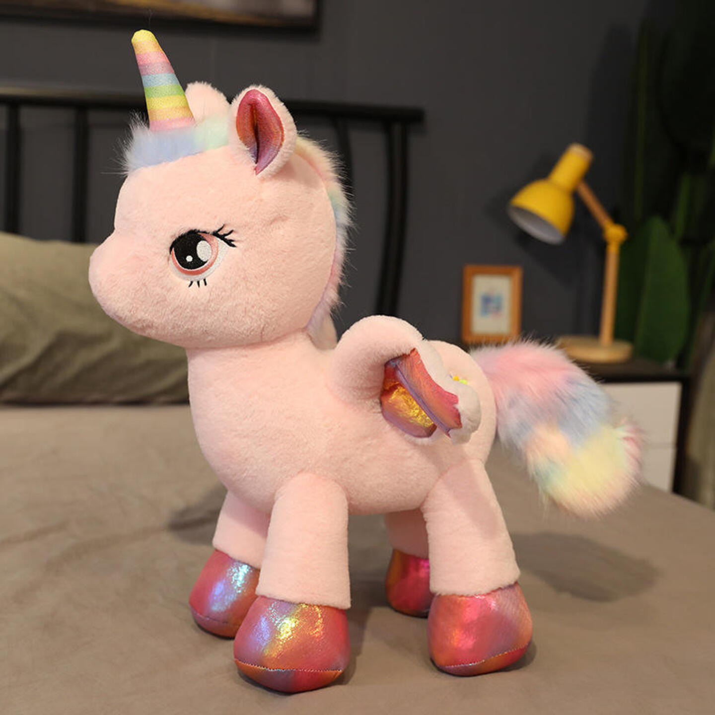 New Girl Heart Rainbow Unicorn Plush Toy  Gradient Laser Bronzed Fabric with Angel Wings
