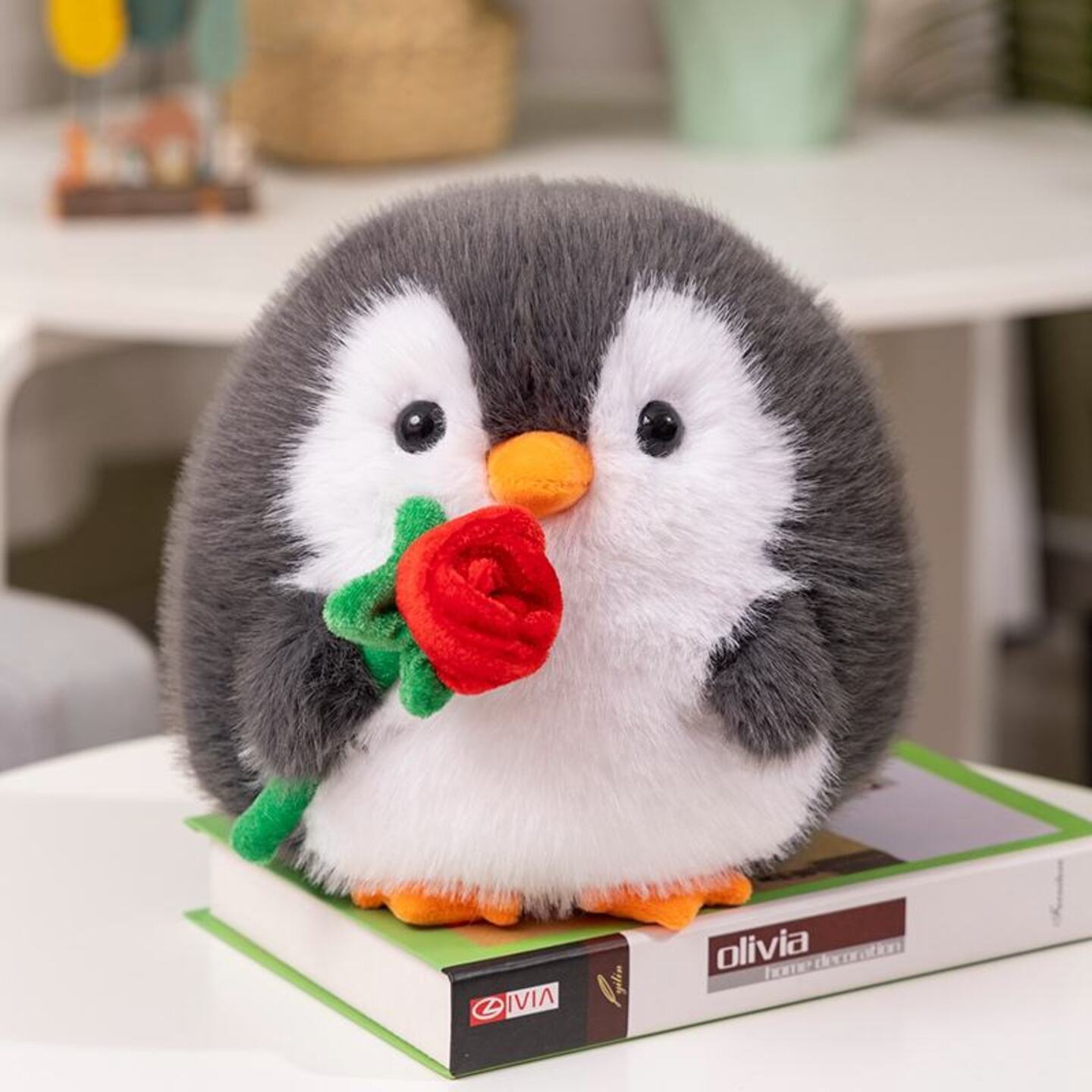 Valentines Day gift 8 inch fluffy penguin with plush rose stuffed toys