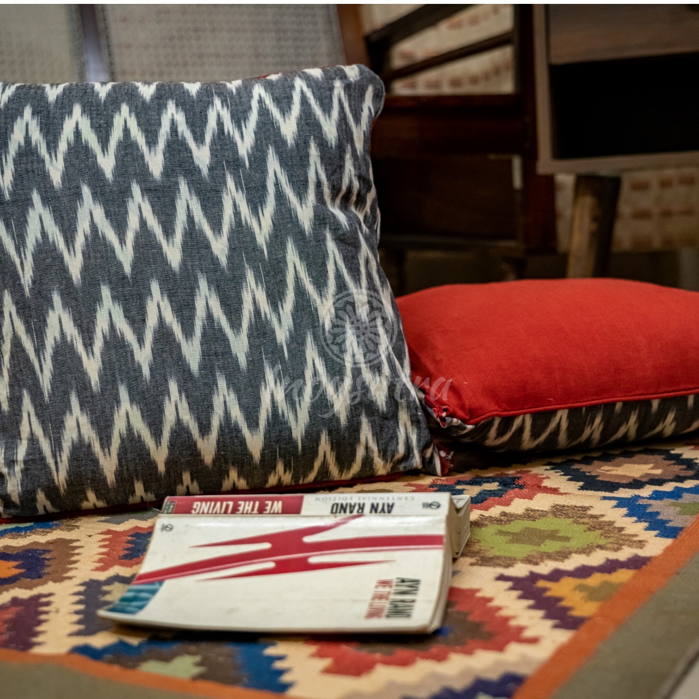 Grey Red Colored Ikat Cushion Cover set