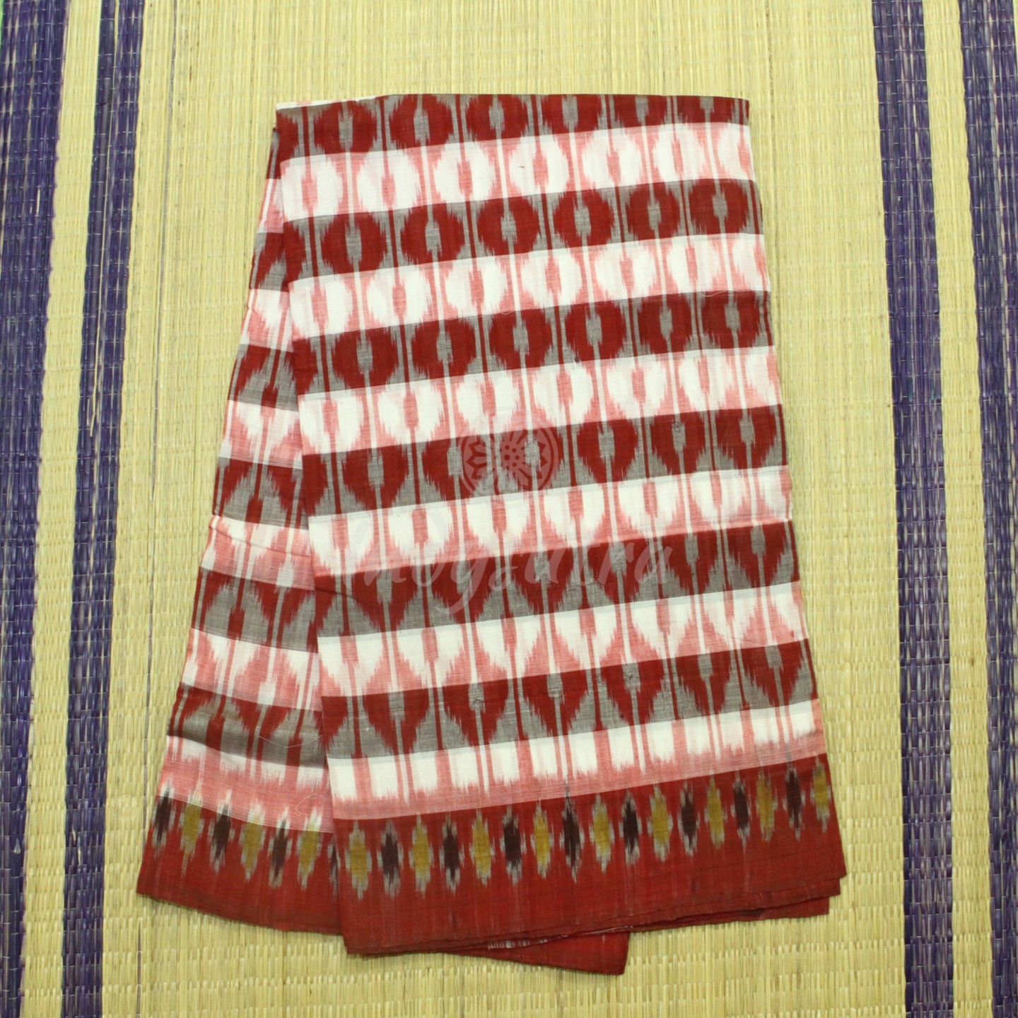 Brick red and white stripes ikkat saree