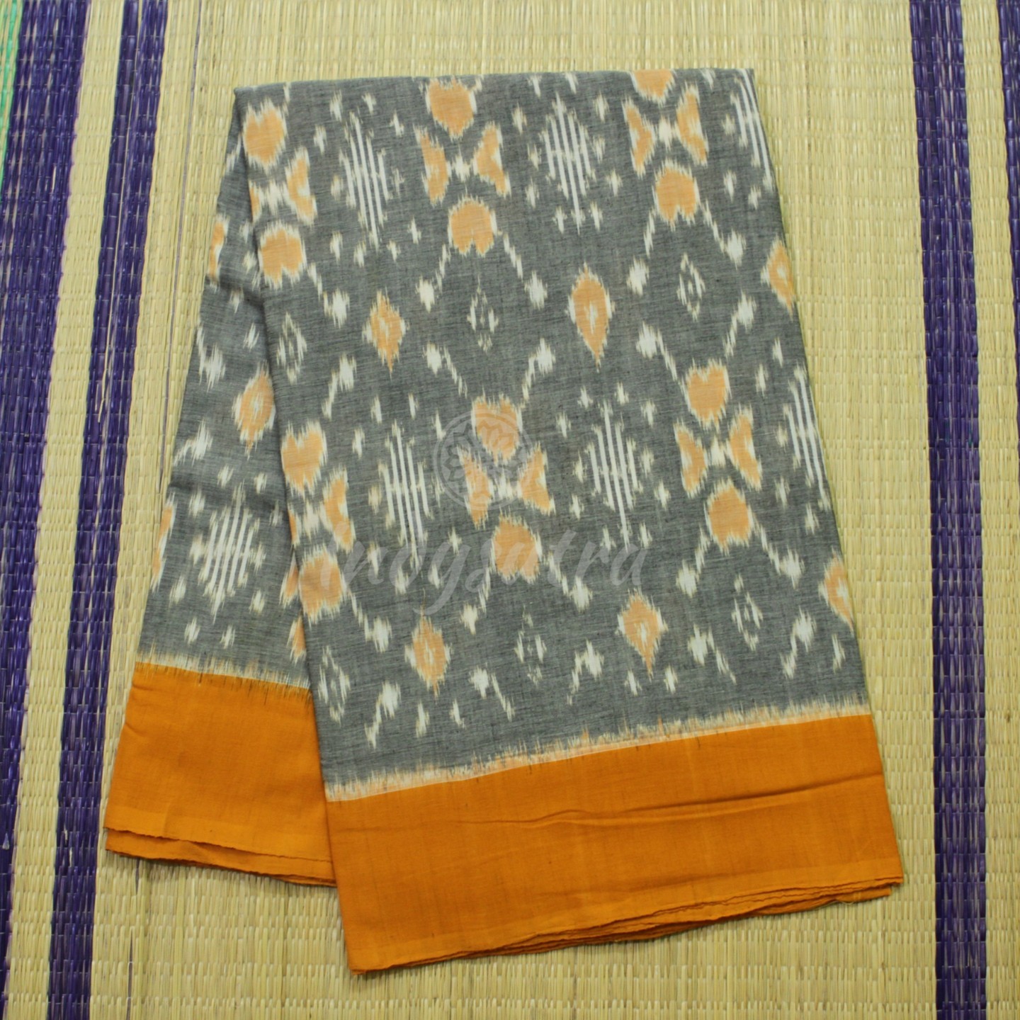 Grey and orange border ikkat saree