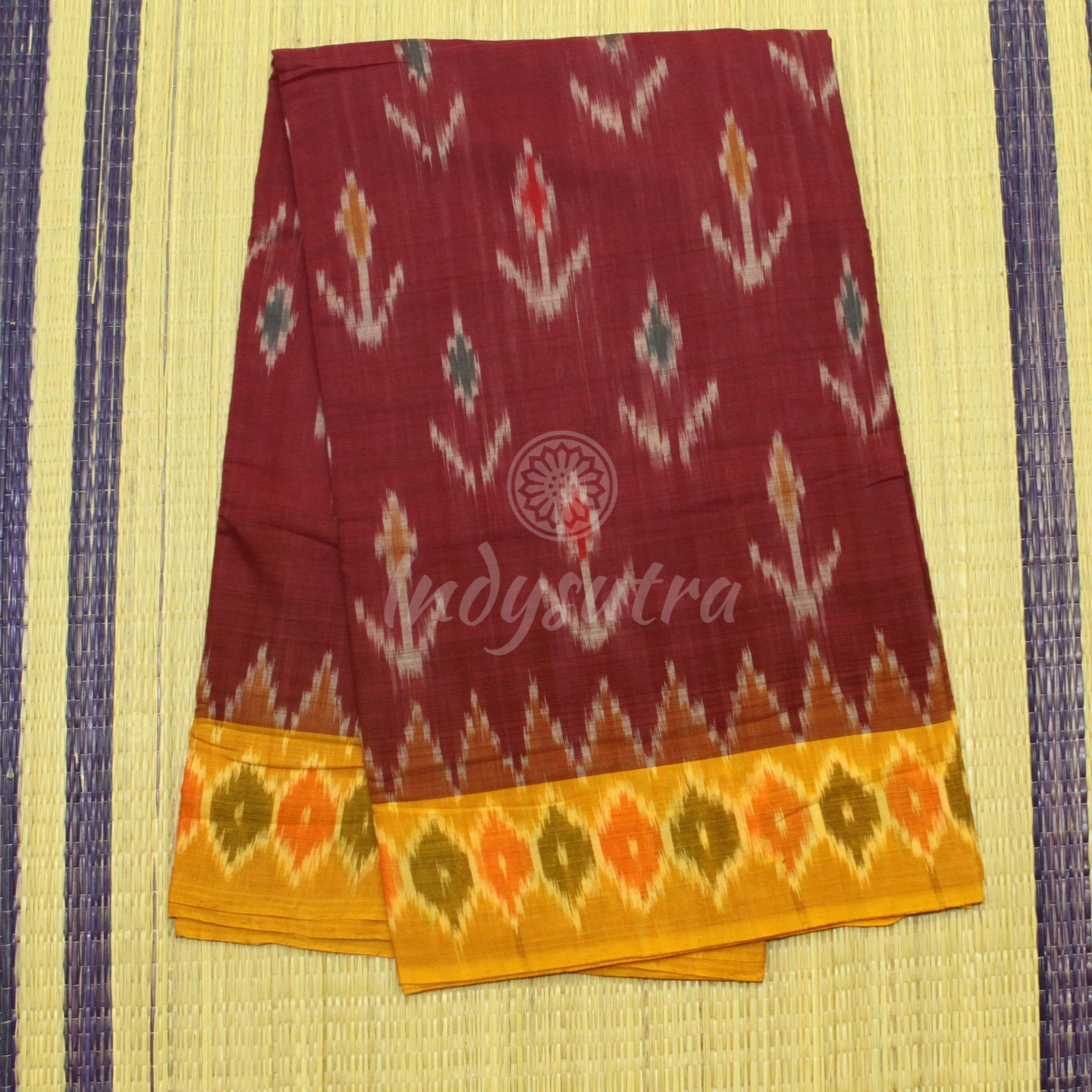 Reddish purple with yellow border ikkat saree