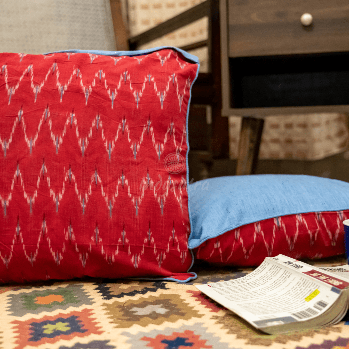 Red and Blue Ikat Cushion Cover set