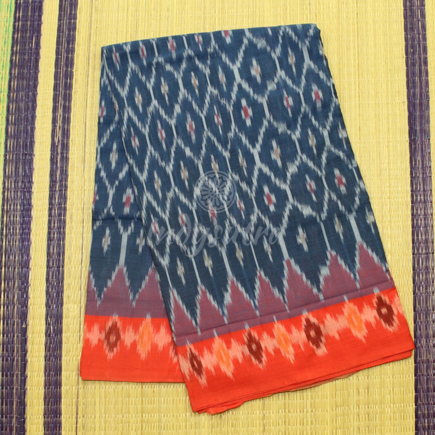 Navy blue and tomato red ikkat saree