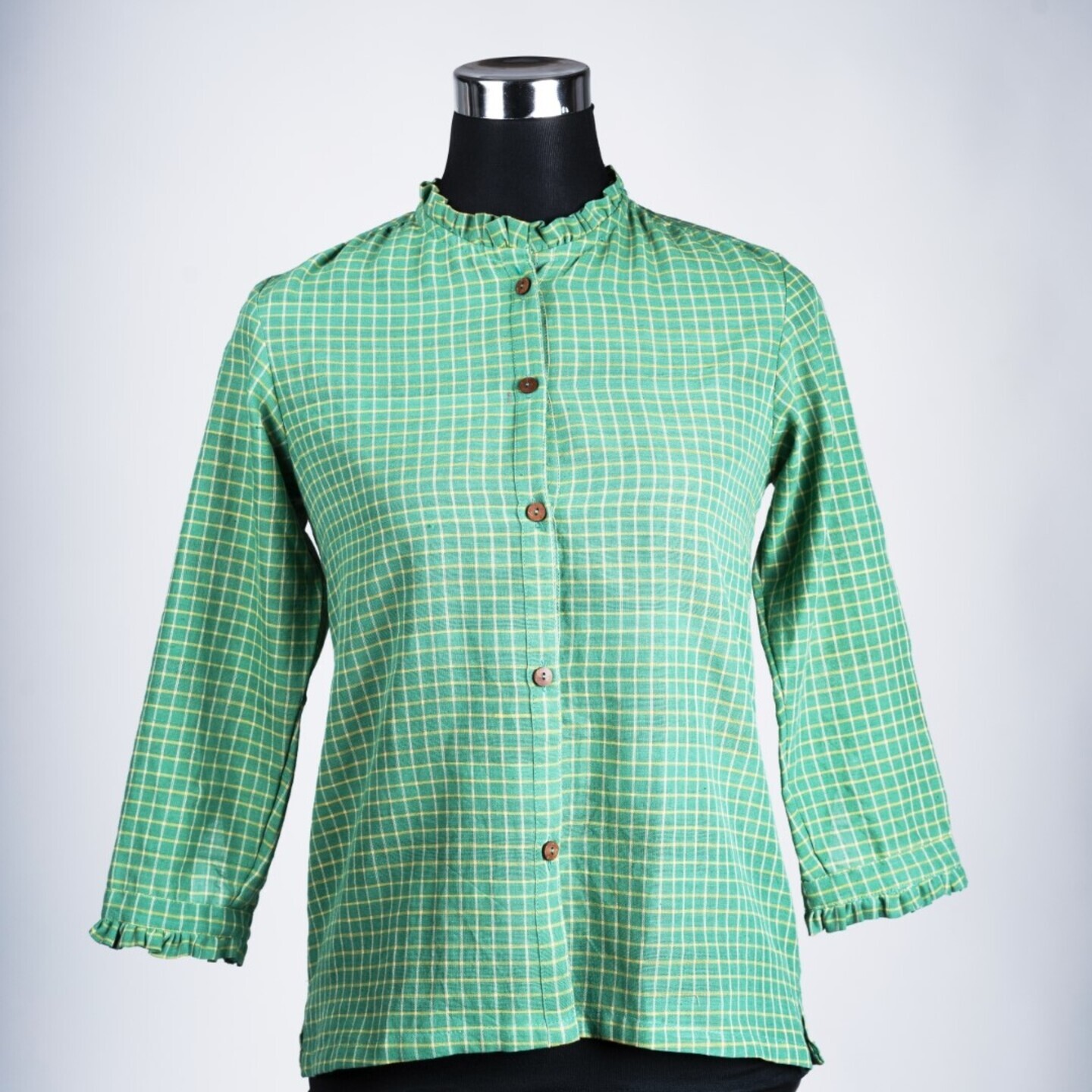 Olive Green Khadi Shirt - Checks & Ruffles collor