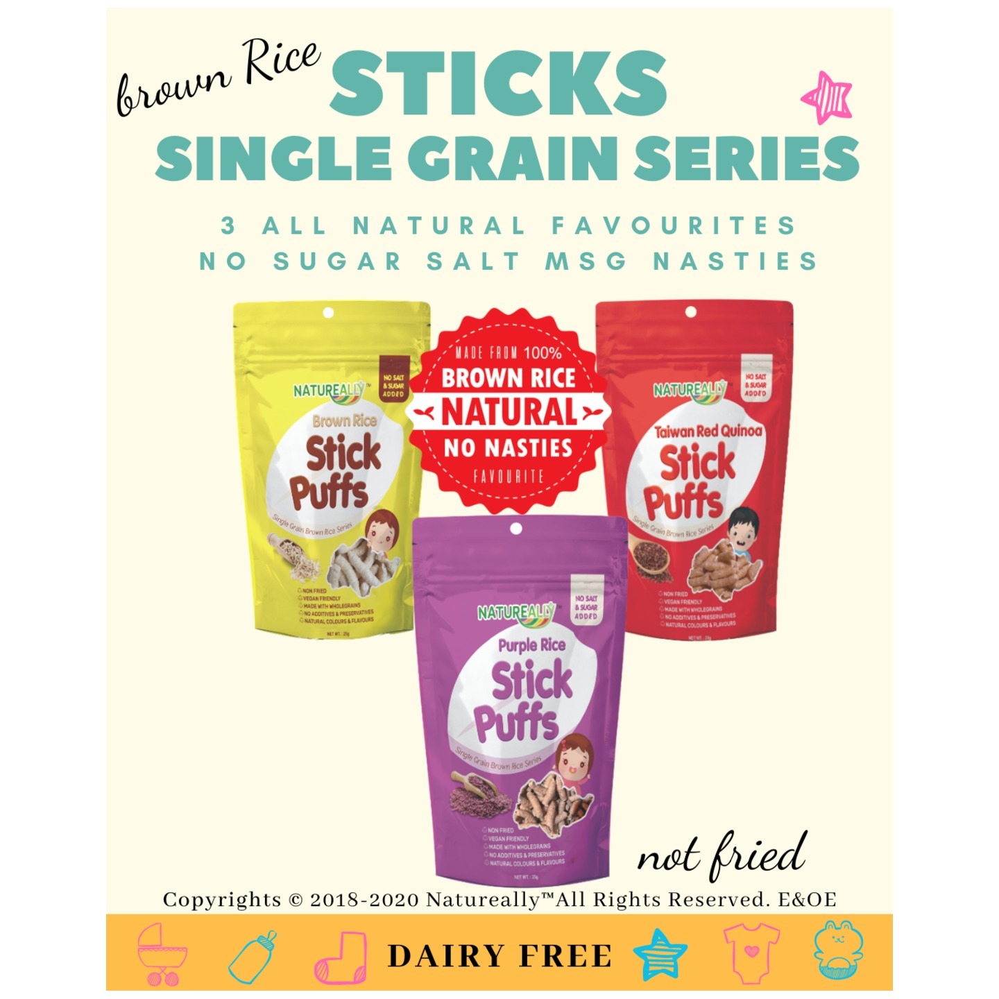 NATUREALLY ™ Original Brown Rice Single Grain Series STICK Puffs (No Sugar, Salt, MSG and Oil Added)