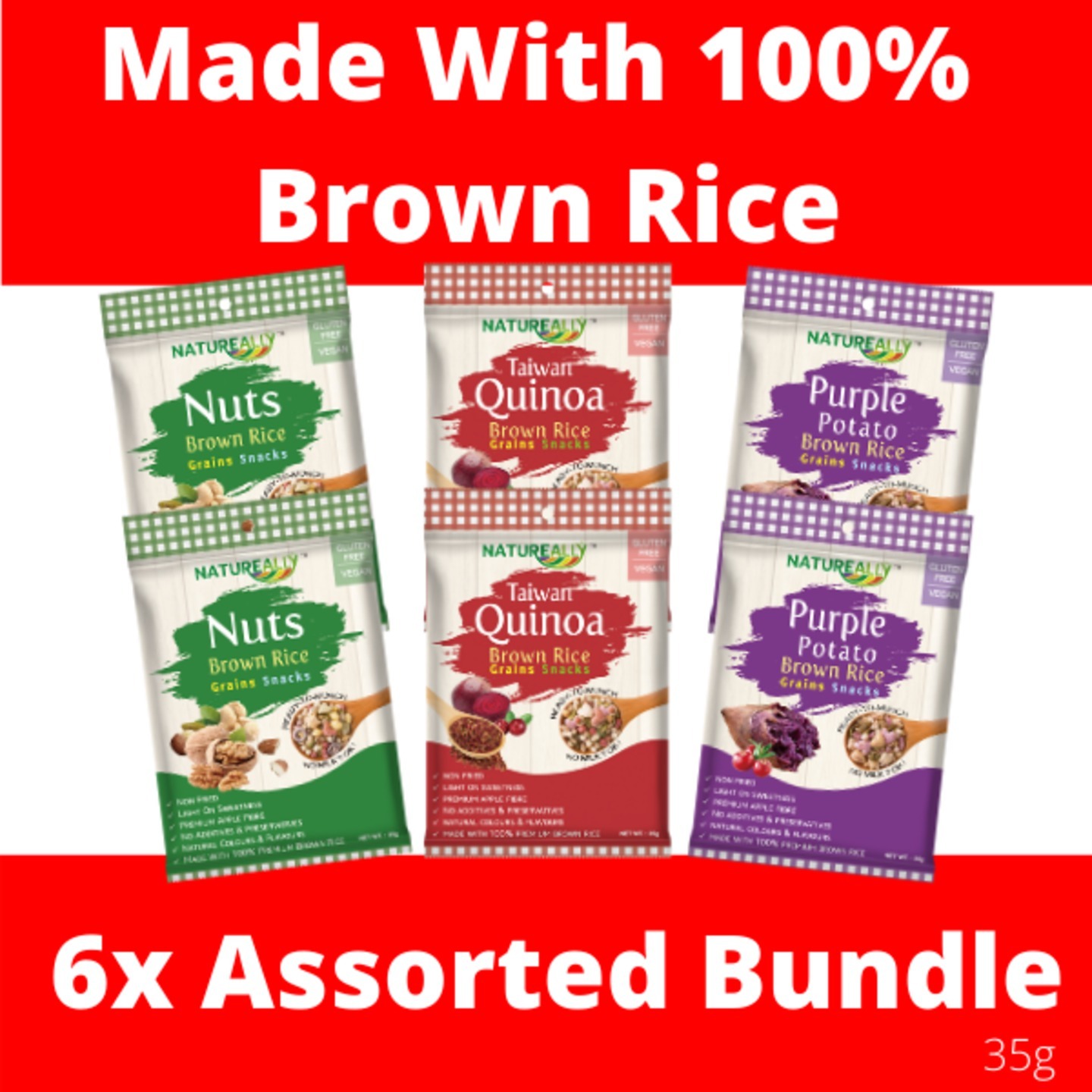 Value Pack Of 6x35g NATUREALLY Gluten Free Brown Rice Grains Snacks Cereal Gluten Free