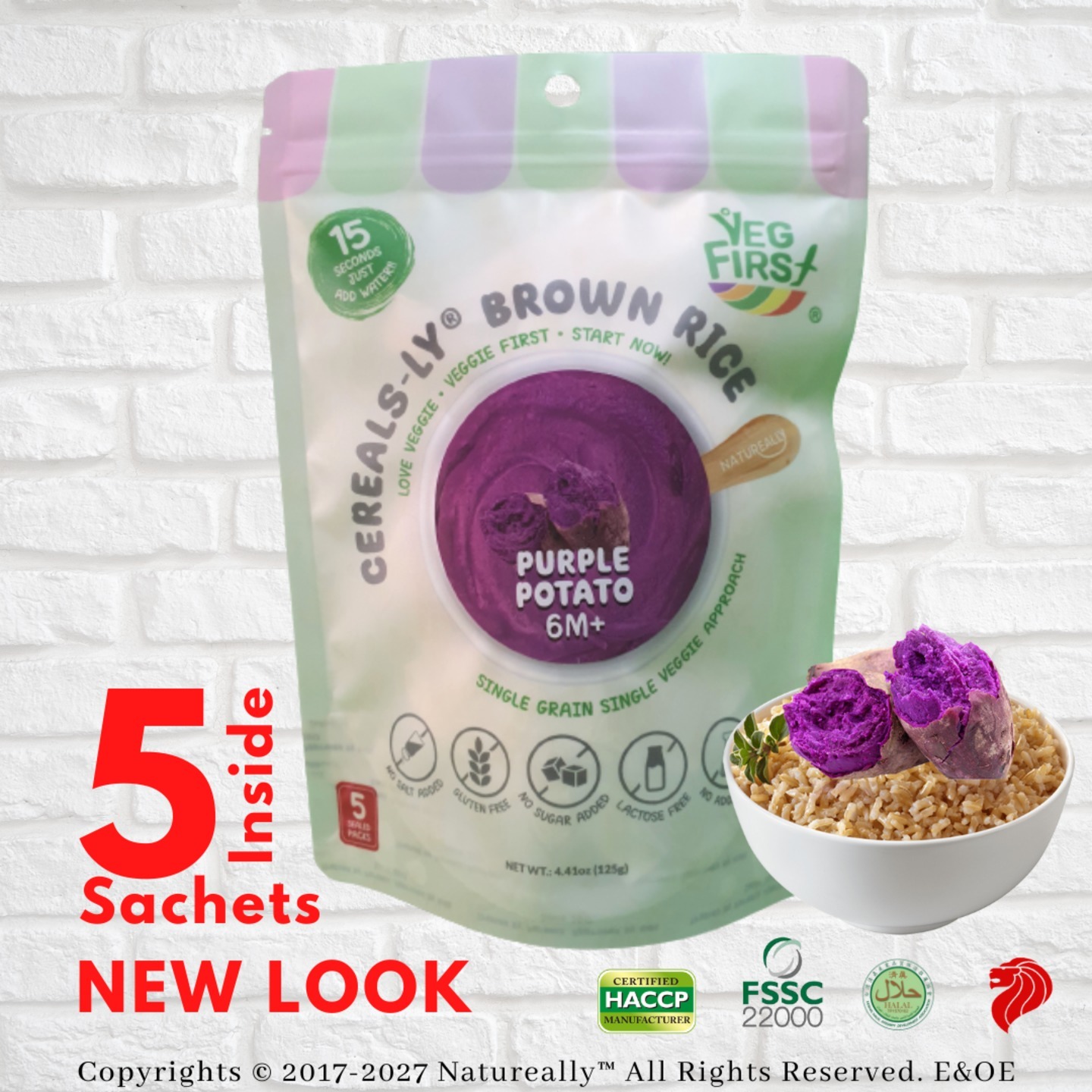 6M+ NATUREALLY  NO SUGAR, SALT and MSG Added. 100 Brown Rice Purple Potato CEREAL-LY  Instant Mash 100g pack 5x 25g Sachets