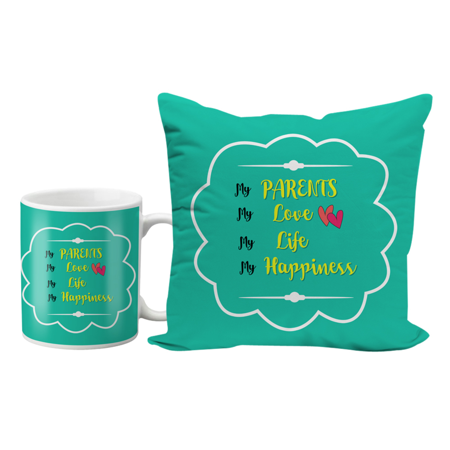 LOF Parents Love Life Happiness Best Gifts For Mummy Papa Dad and Birthday Anniversary 12x12 Cushion Cover andCeramic Coffee Mug combo