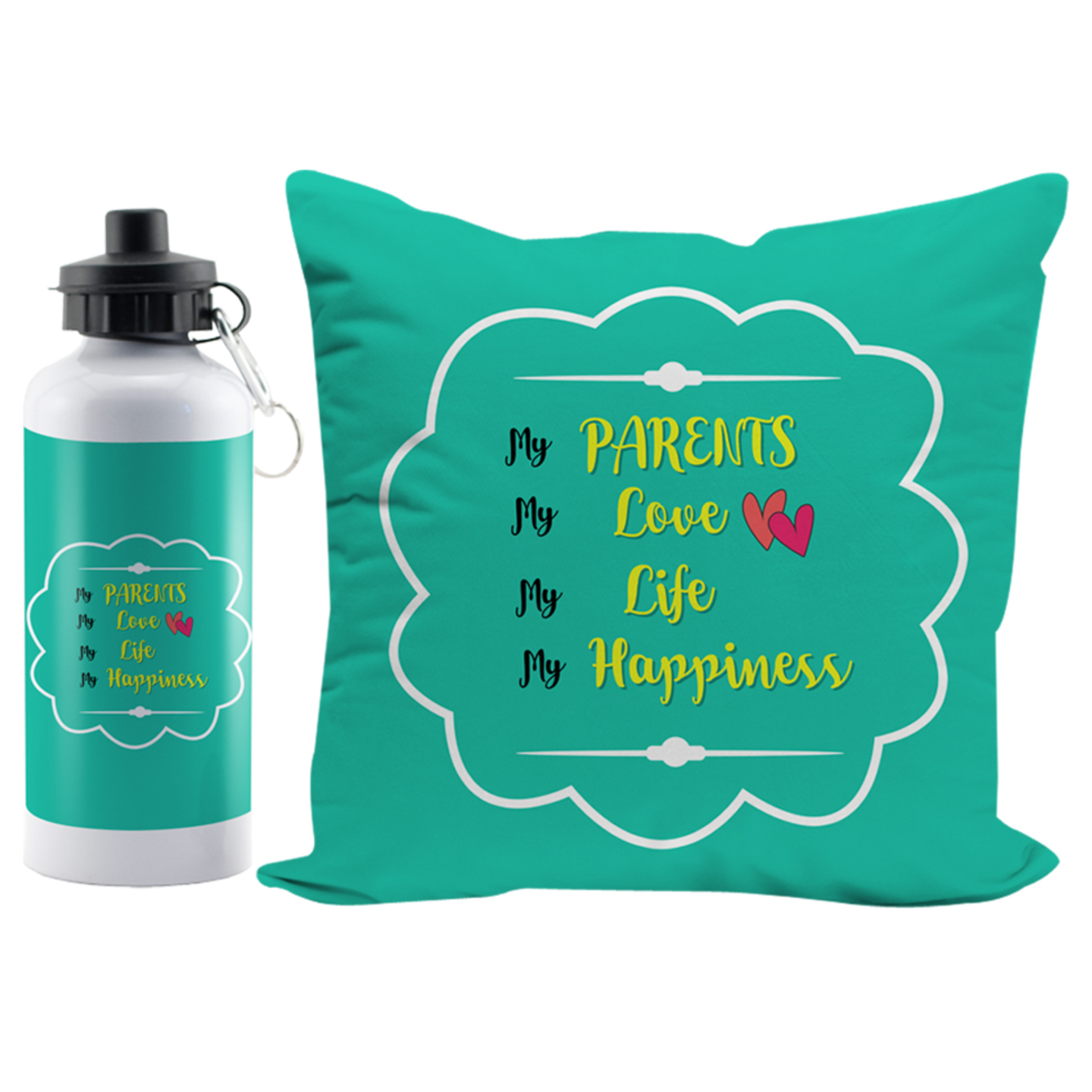 LOF Parents Love Life Happiness Best Gifts For Mummy Papa Dad and Birthday Anniversary 12x12 Cushion Cover and Sport Sipper Water Bottle combo