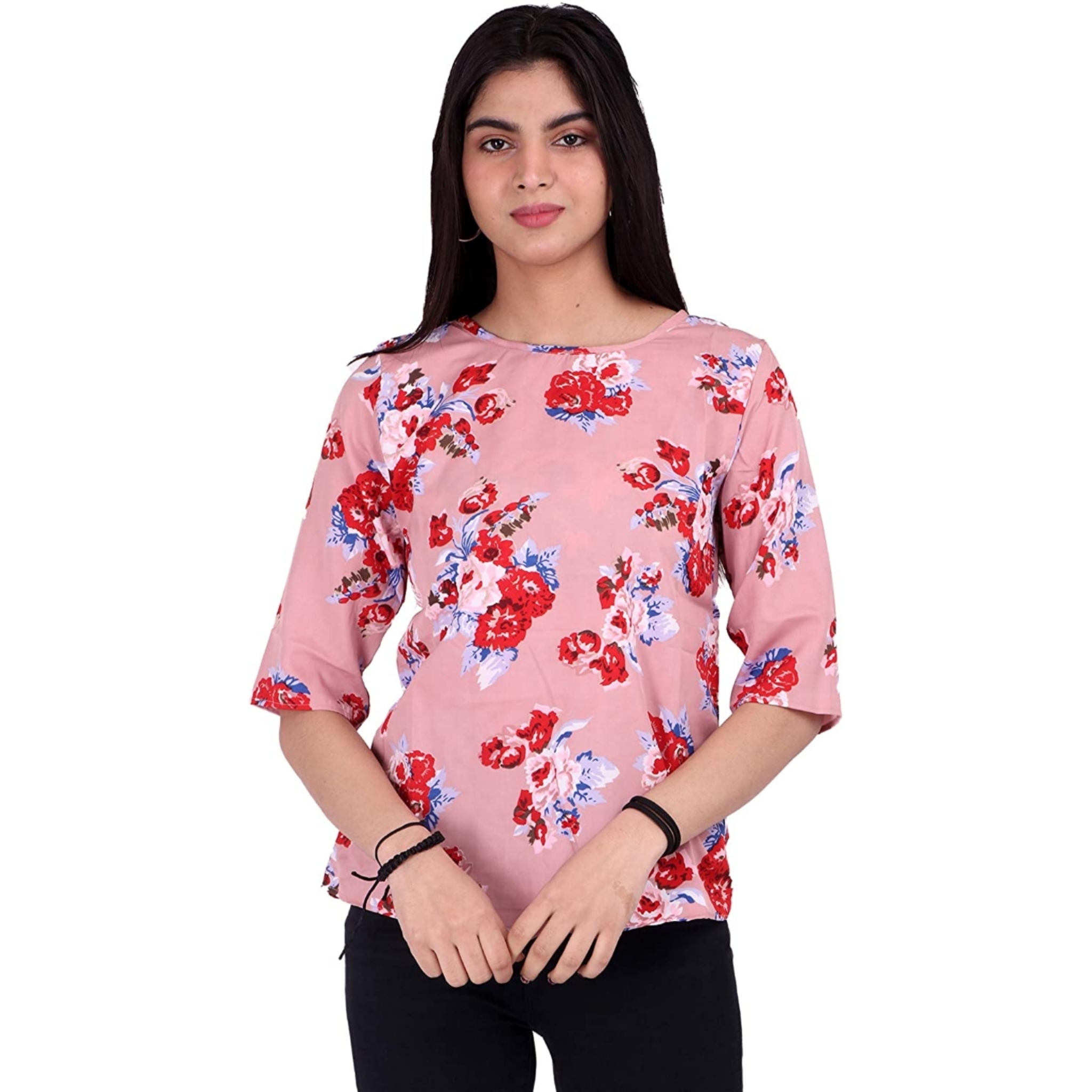 Women's Rose Pink Printed Round Neck T-shirt