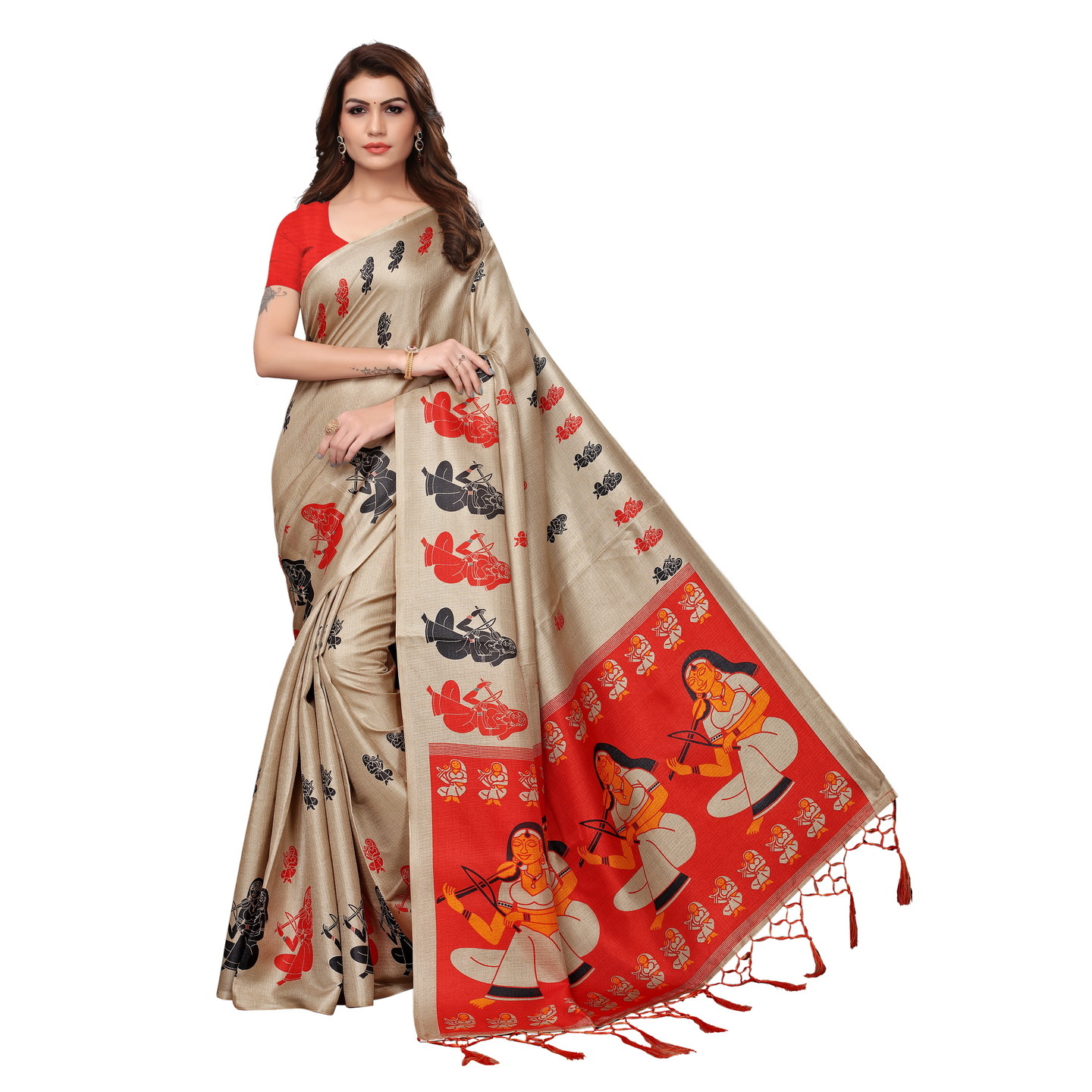 KALAMKARI CHIKU KHADI SILK SAREE WITH FIGURE PRINT CONCEPT