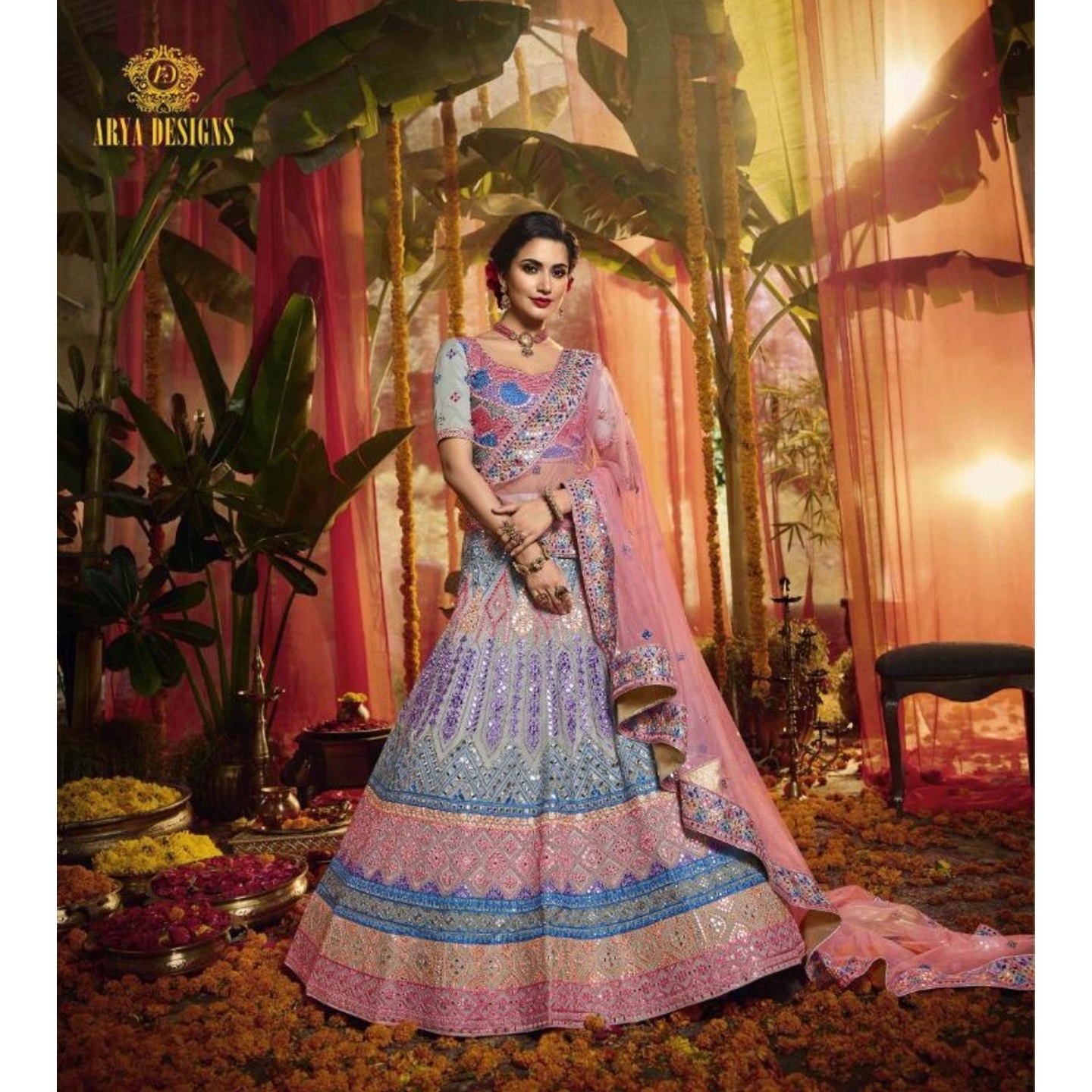 DESIGNER HEAVY EMBROIDERY ORGANZA GREY LEHENGA