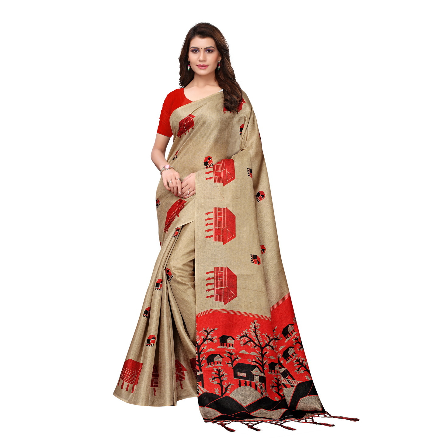 KALAMKARI CHIKU KHADI SILK SAREE WITH FIGURE PRINT CONCEPT