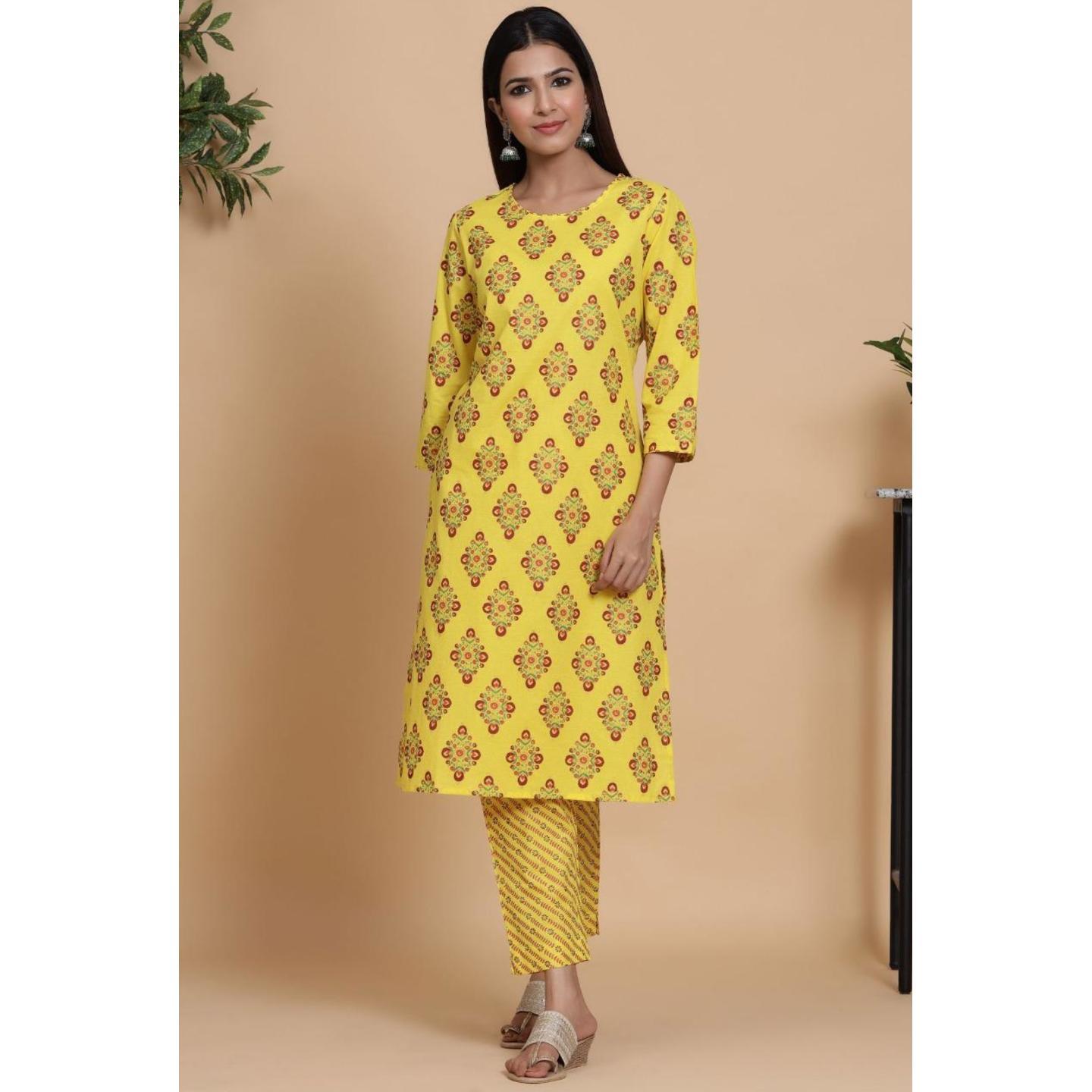 Jaipuri Lemon printed Kurta with Trouser