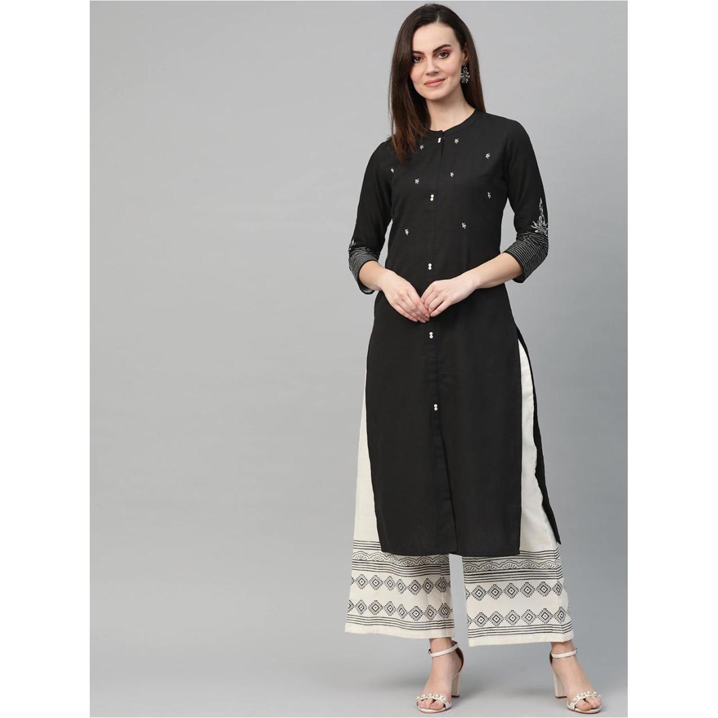 Women Black and off-white embroidered kurta with palazzos