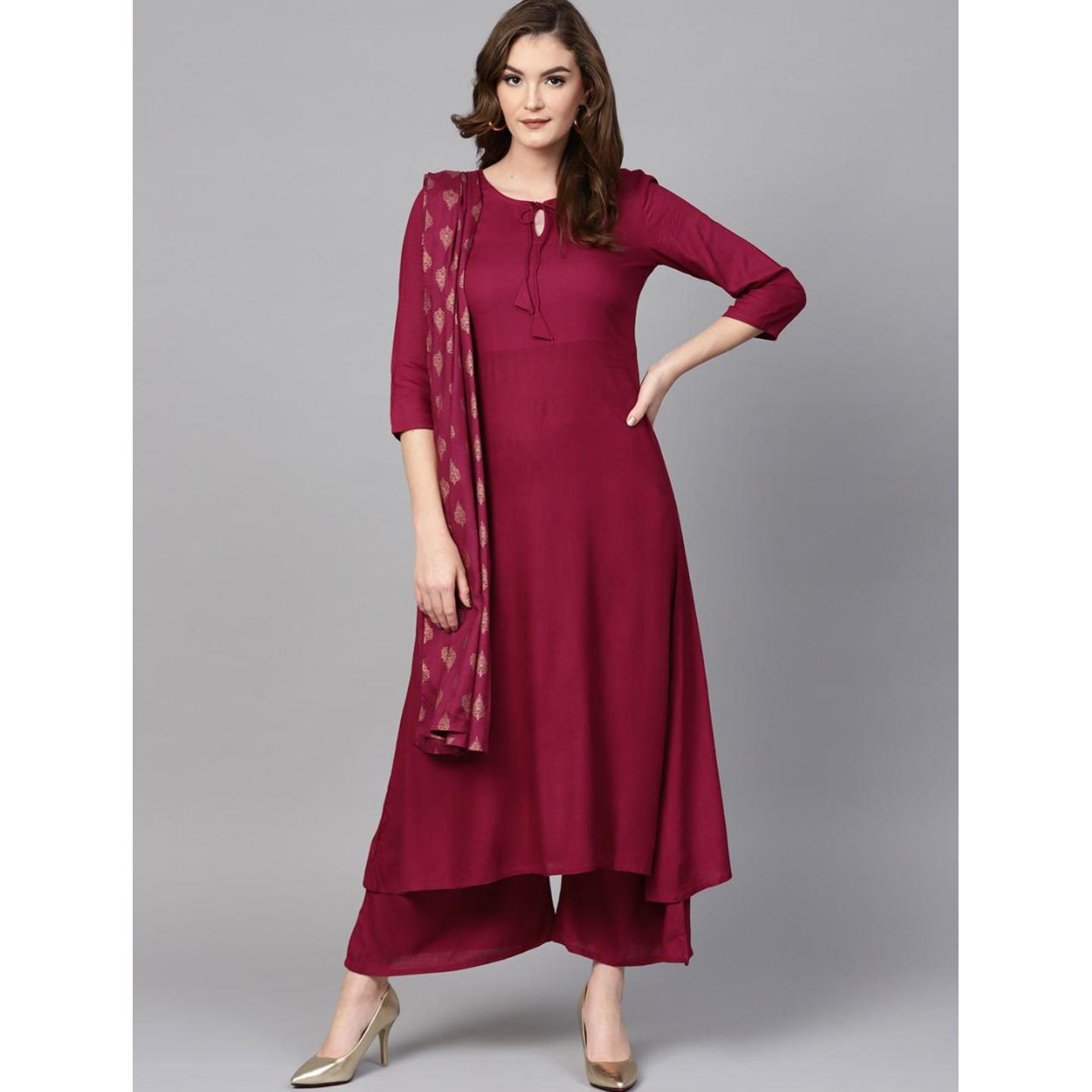 Jaipuri Burgundy solid Kurta with Palazzos with Dupatta
