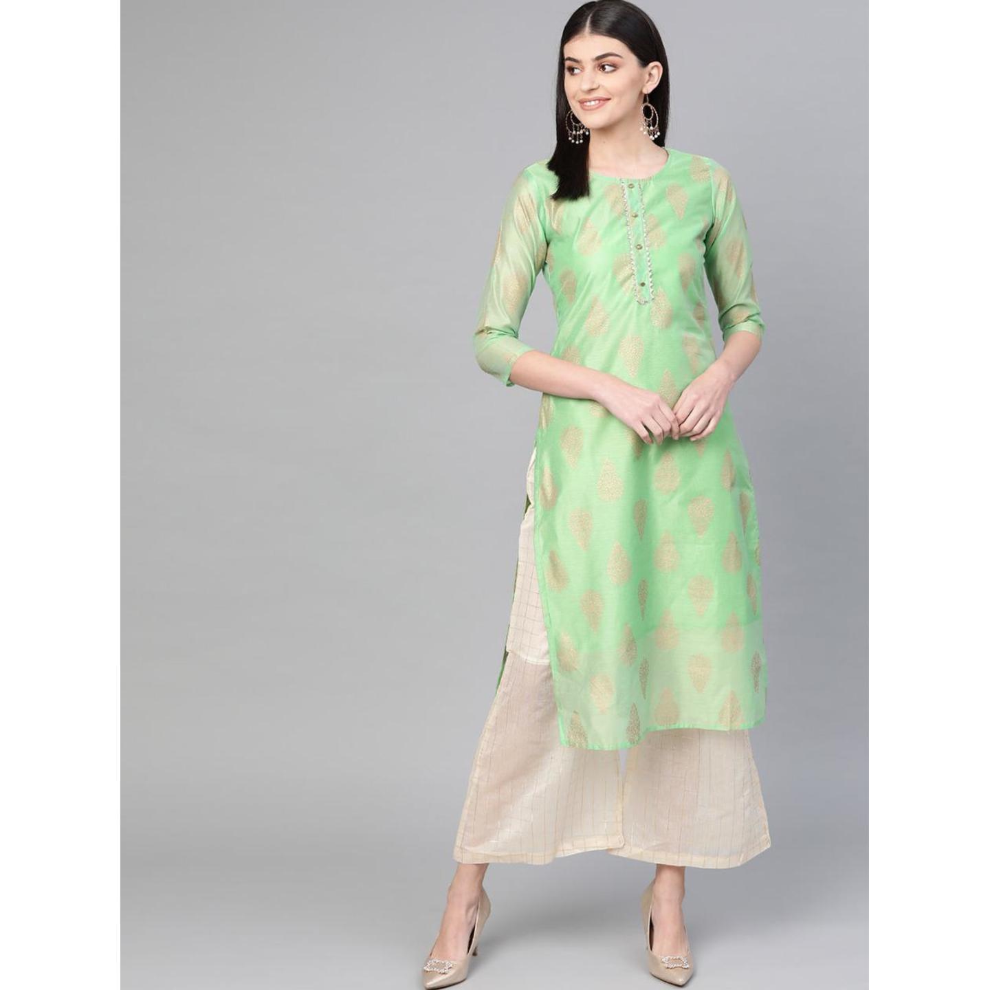Jaipuri Green, Off-White and Golden printed Kurta with Palazzos