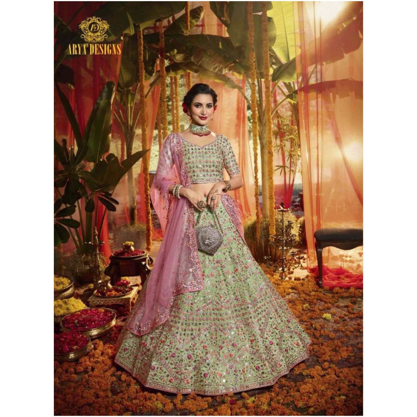 DESIGNER HEAVY EMBROIDERY ORGANZA GREEN LEHENGA
