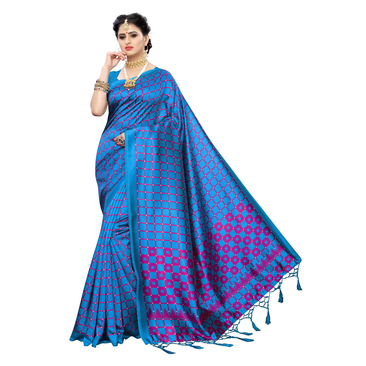 SILK CHECKS RAMA PRINTED SAREE