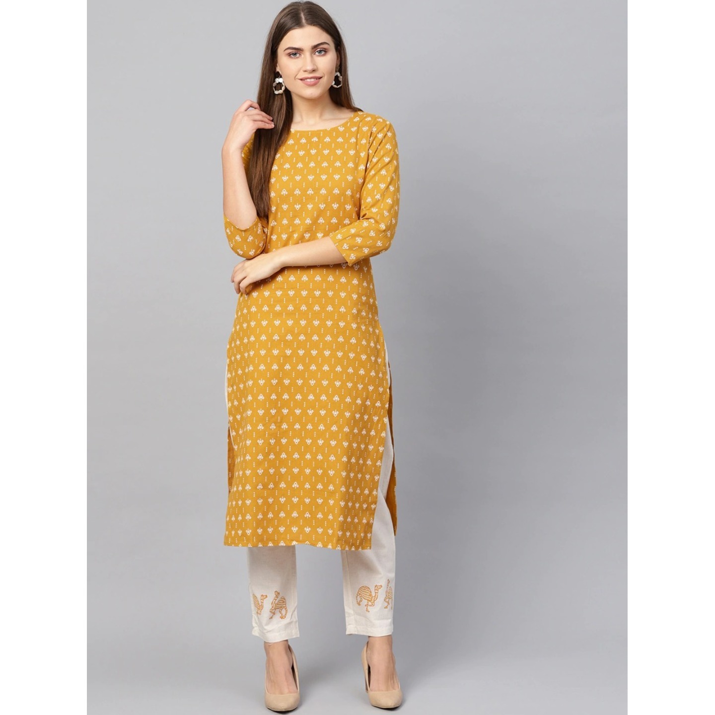 Women Mustard yellow and off-white block print kurta with trousers