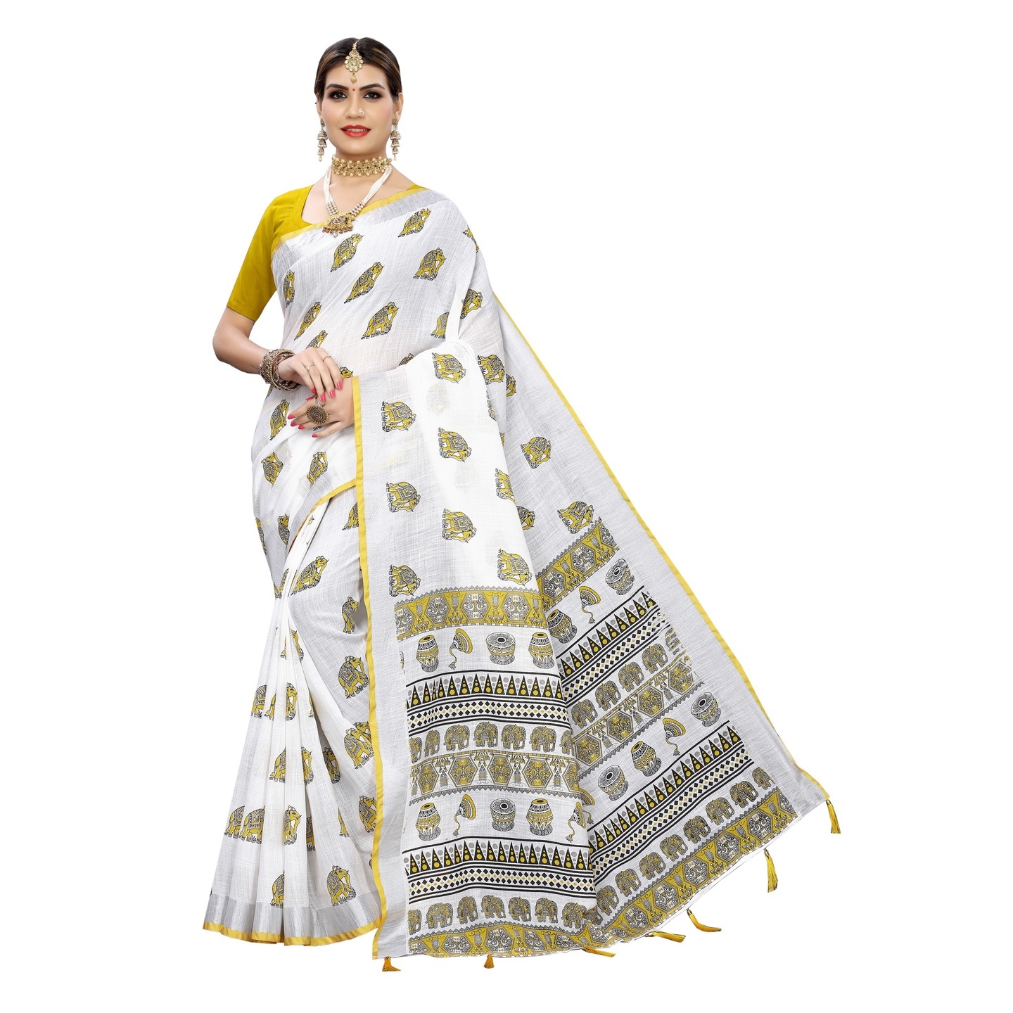 ANGRY ANIMAL YELLOW PRINTED LINEN SAREE