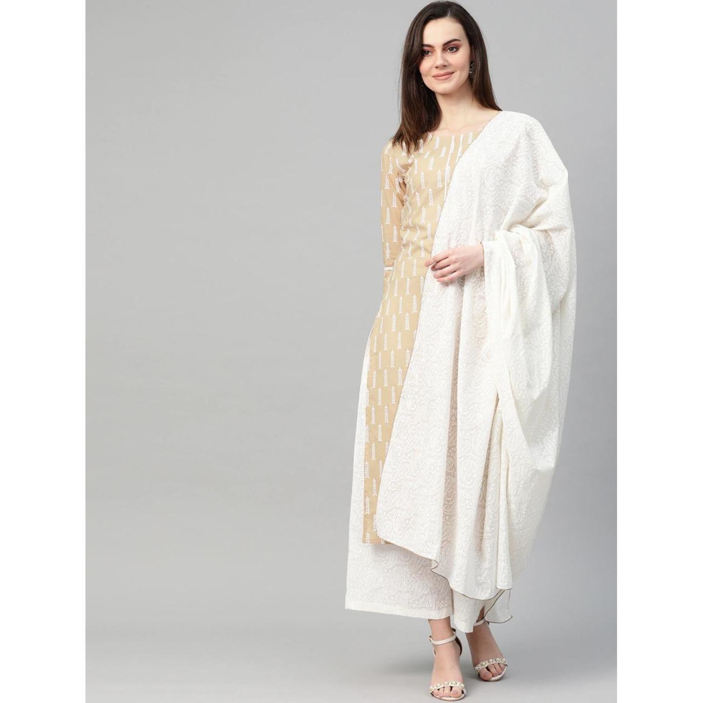 Beige and white printed Kurta with Palazzos and Dupatta