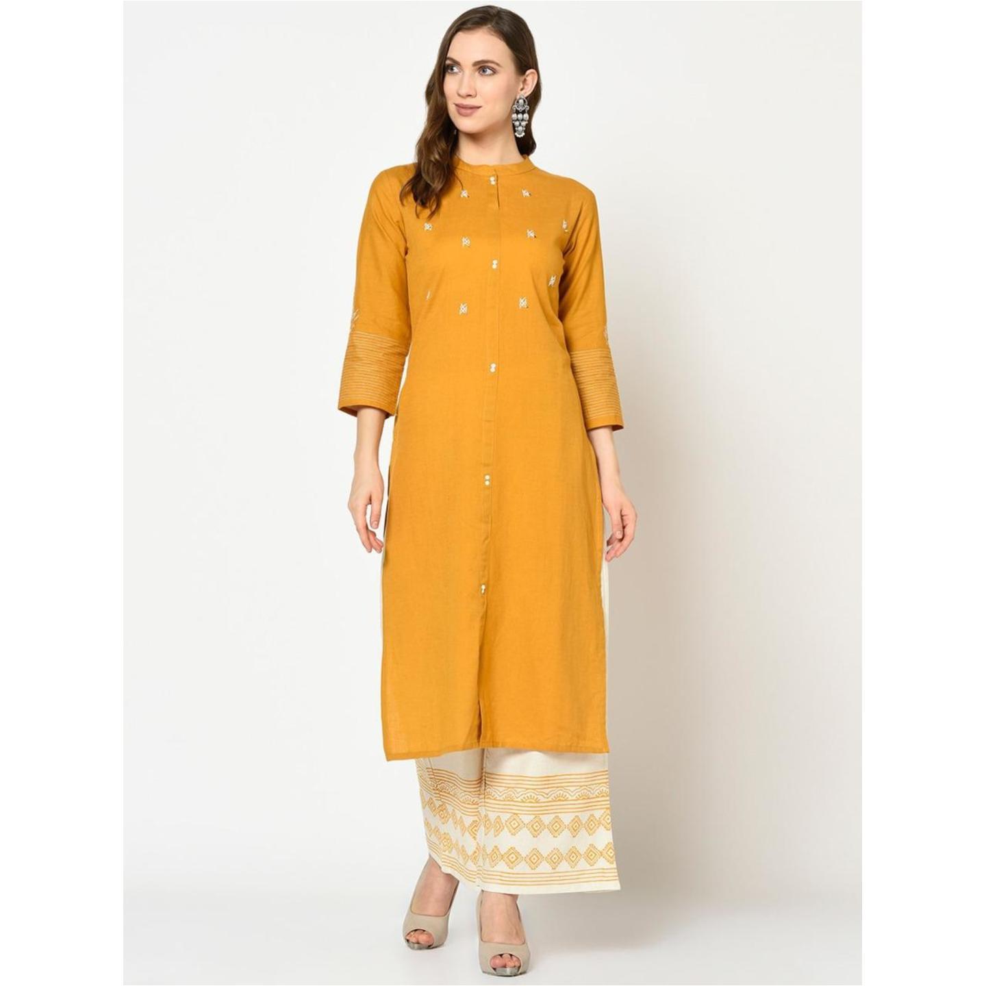 Mustard Yellow and white yoke design Kurta with Palazzos
