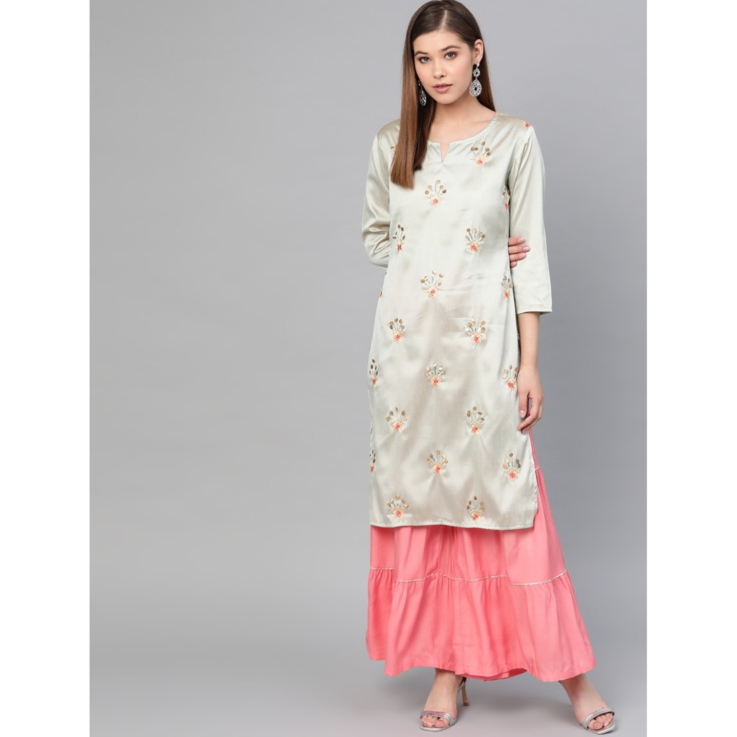 Mint Green and pink embroidered Kurta with Sharara