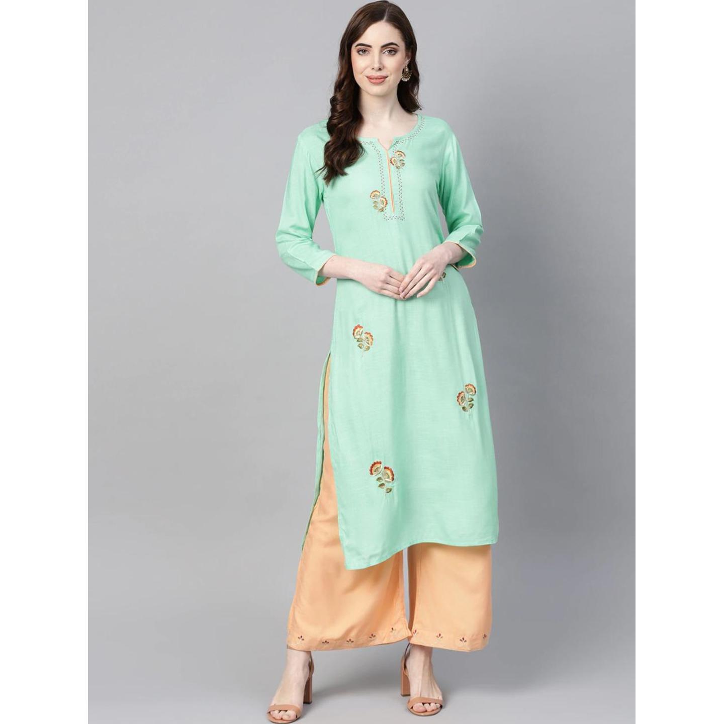 Jaipuri Sea green and Peach coloured Embroidered Kurta with Palazzos