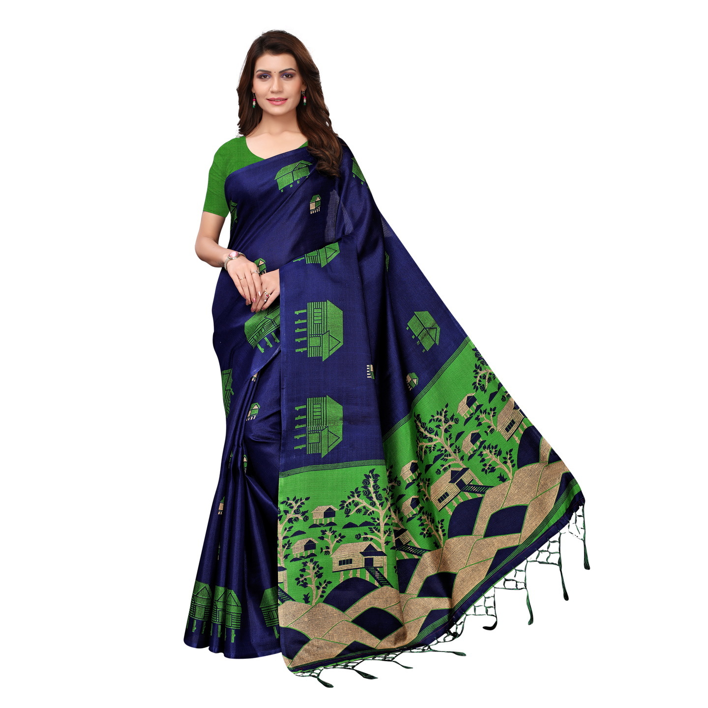 KALAMKARI NAVY BLUE KHADI SILK SAREE WITH FIGURE PRINT CONCEPT