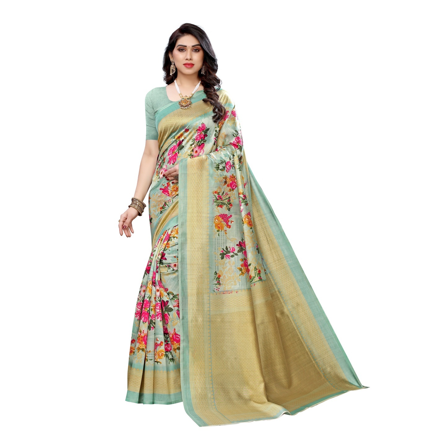 LIGHT GREEN ART SILK SAREE WITH SUPERB FLORAL PRINT