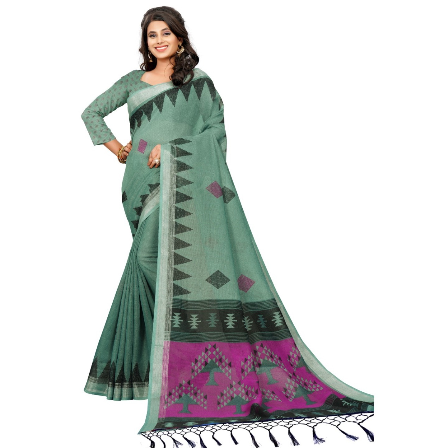Beautiful Digital Printed Linen Saree with Running Blouse Piece