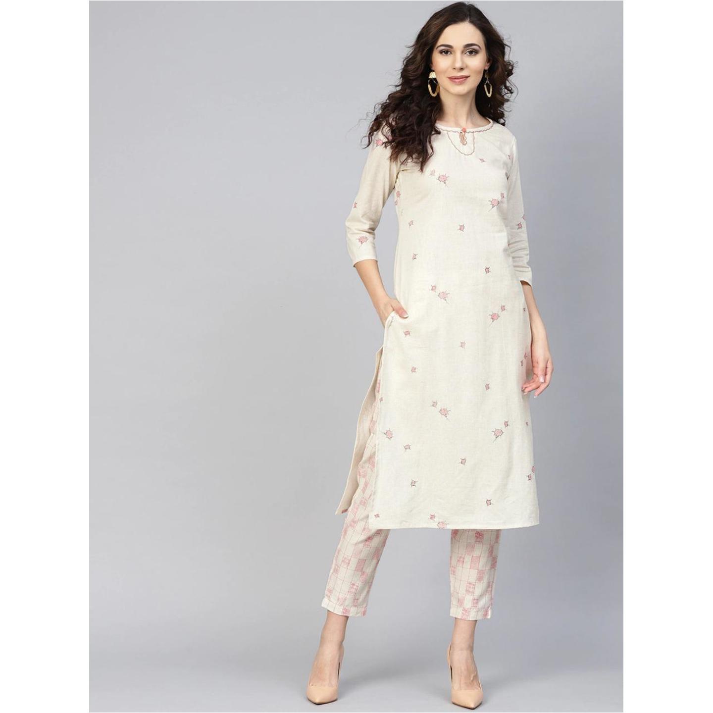 Jaipuri Off-White printed Kurta with Trousers