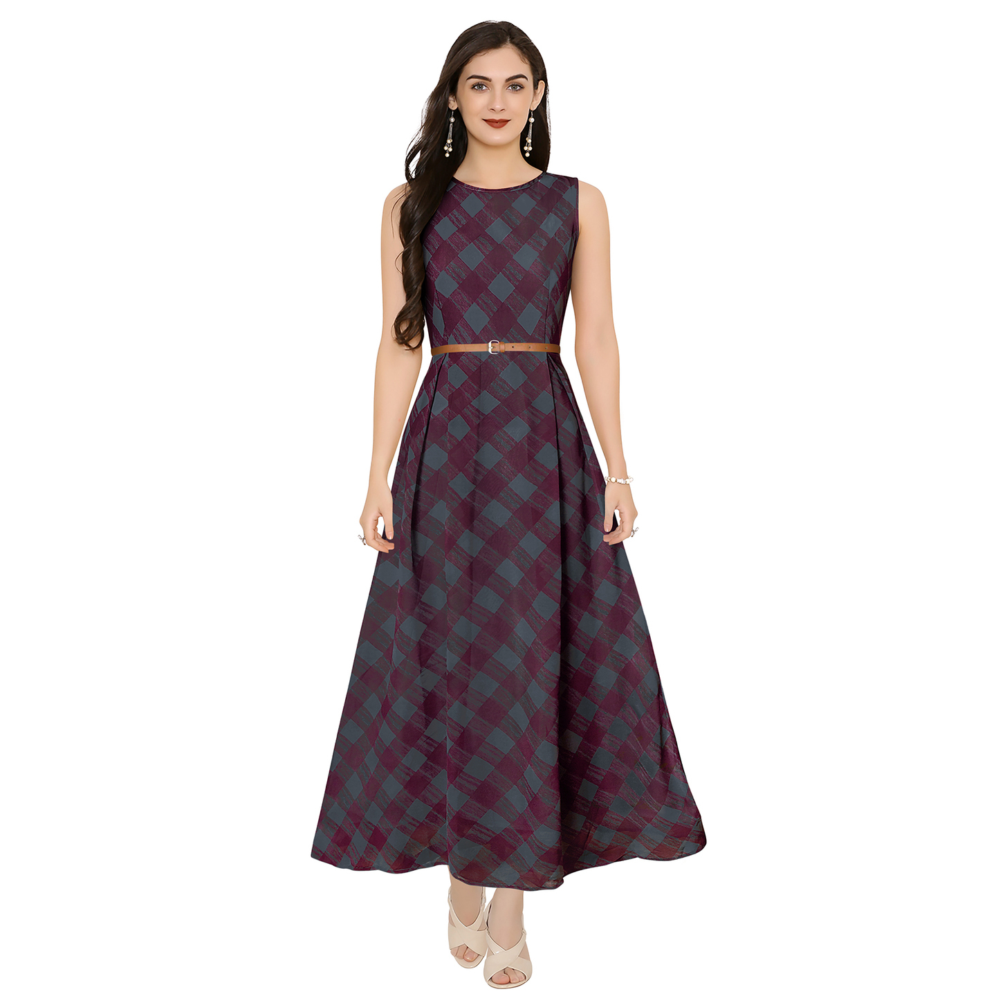 ELEGANT SQUARE MAROON GOWN WITH BELT