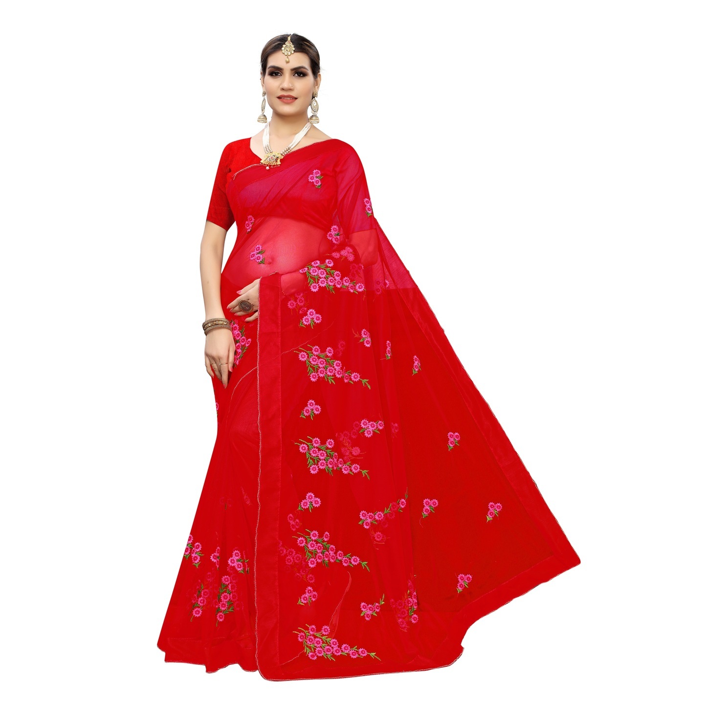 DESIGNER RED EMBRIOIDERED FLORAL CONCEPT NET SAREE