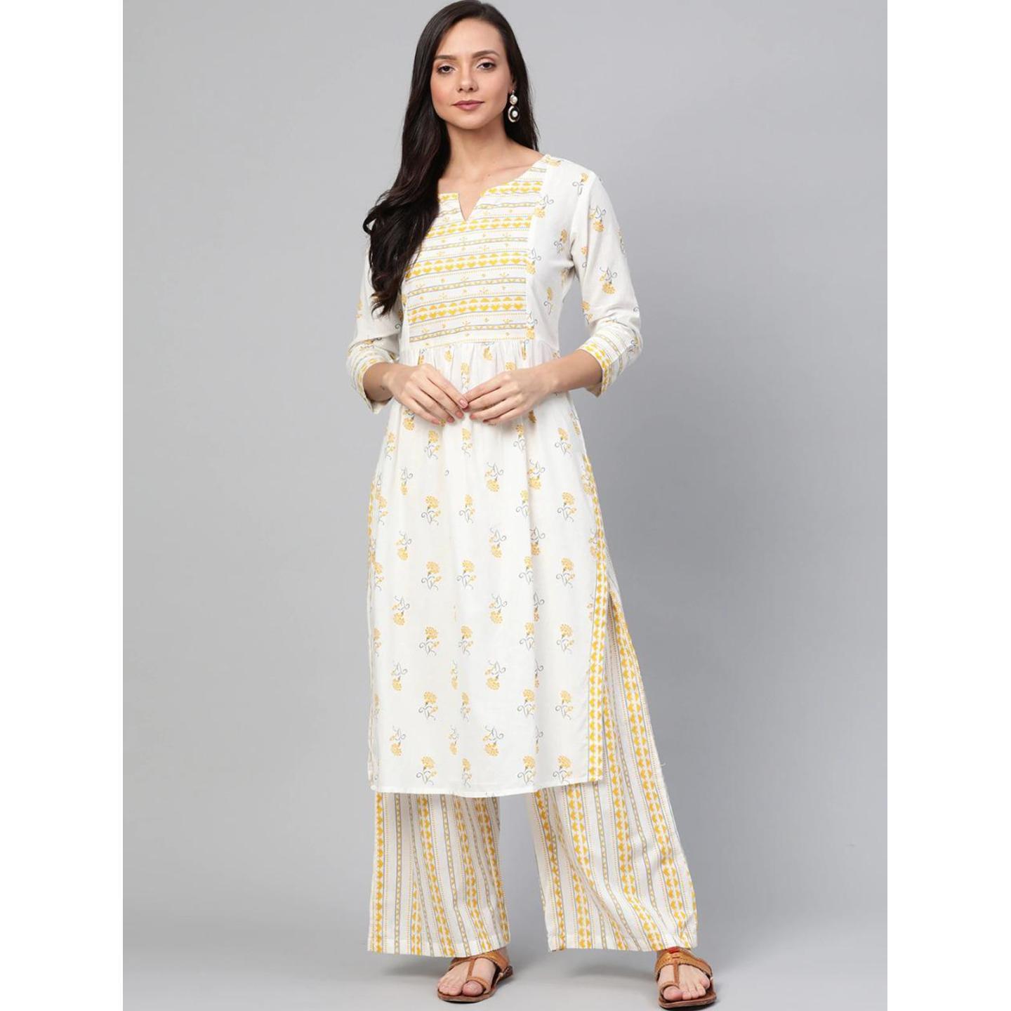 Jaipuri Cream coloured and mustard printed Kurta with Palazzo