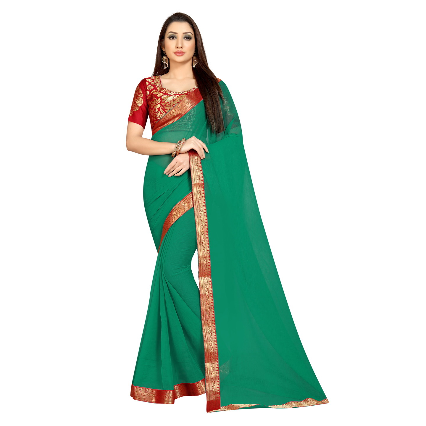 CLASSIC GREEN RED CHIFFON SAREE